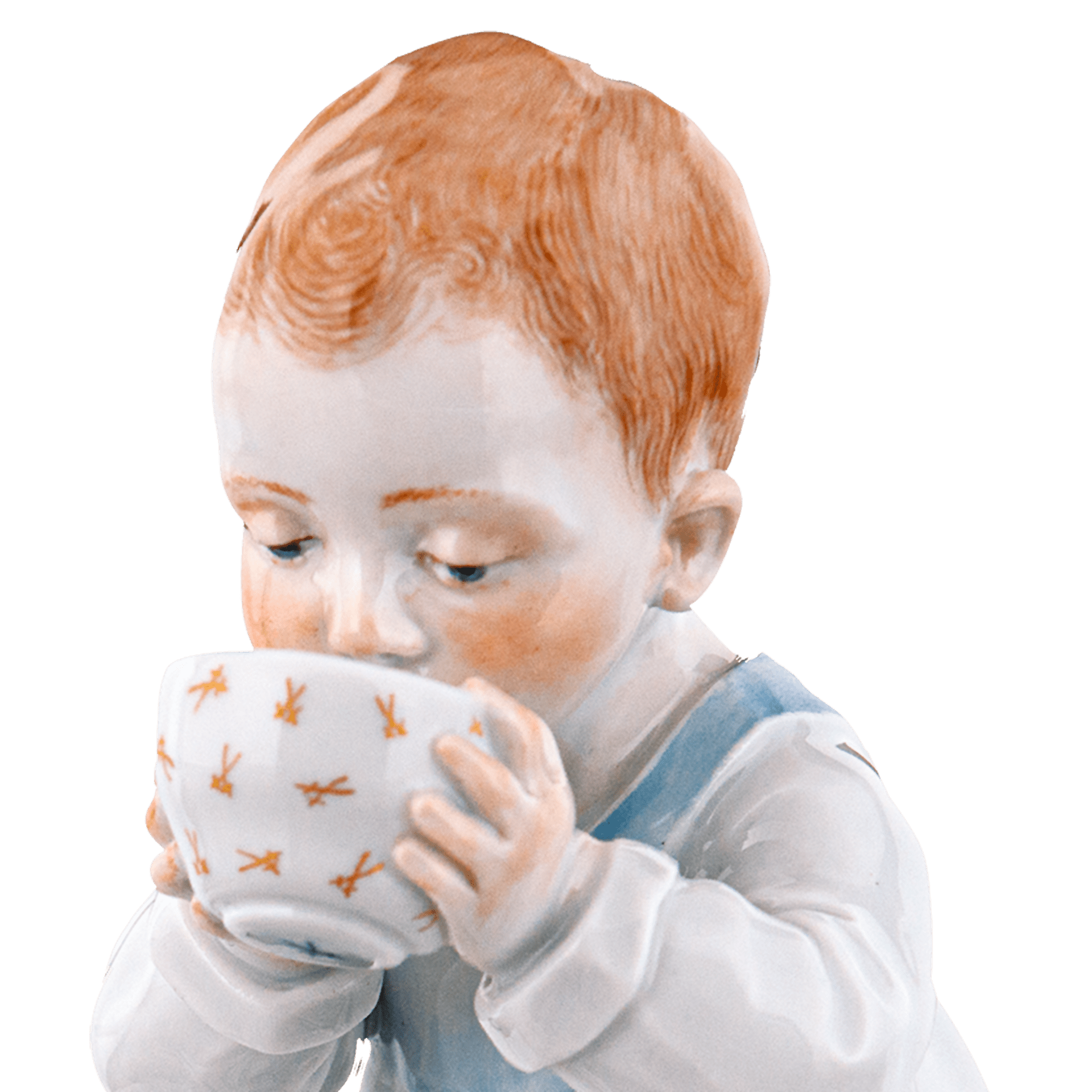 Kind mit Tasse, Kleid mit Vergißmeinnicht, Schwertertasse, H 12,5 cm | Meissen Miniatur - Hentschelkinder 90A402 - 73751 - Meissen Weimar