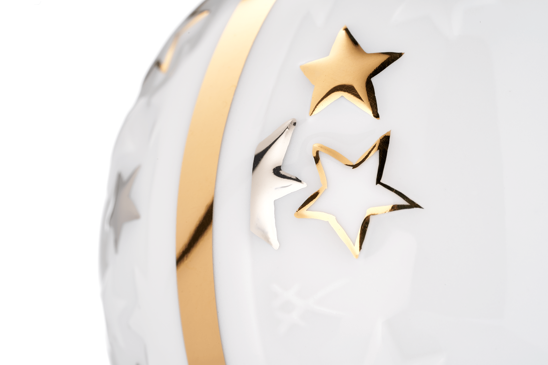 Kugel Reliefsterne, Glanzgold und Glanzplatin, weißer Rand, Ø 7 cm | Meissen Zweigschmuck Kugel Kollektion 99A353 - 55M39 - Meissen Weimar