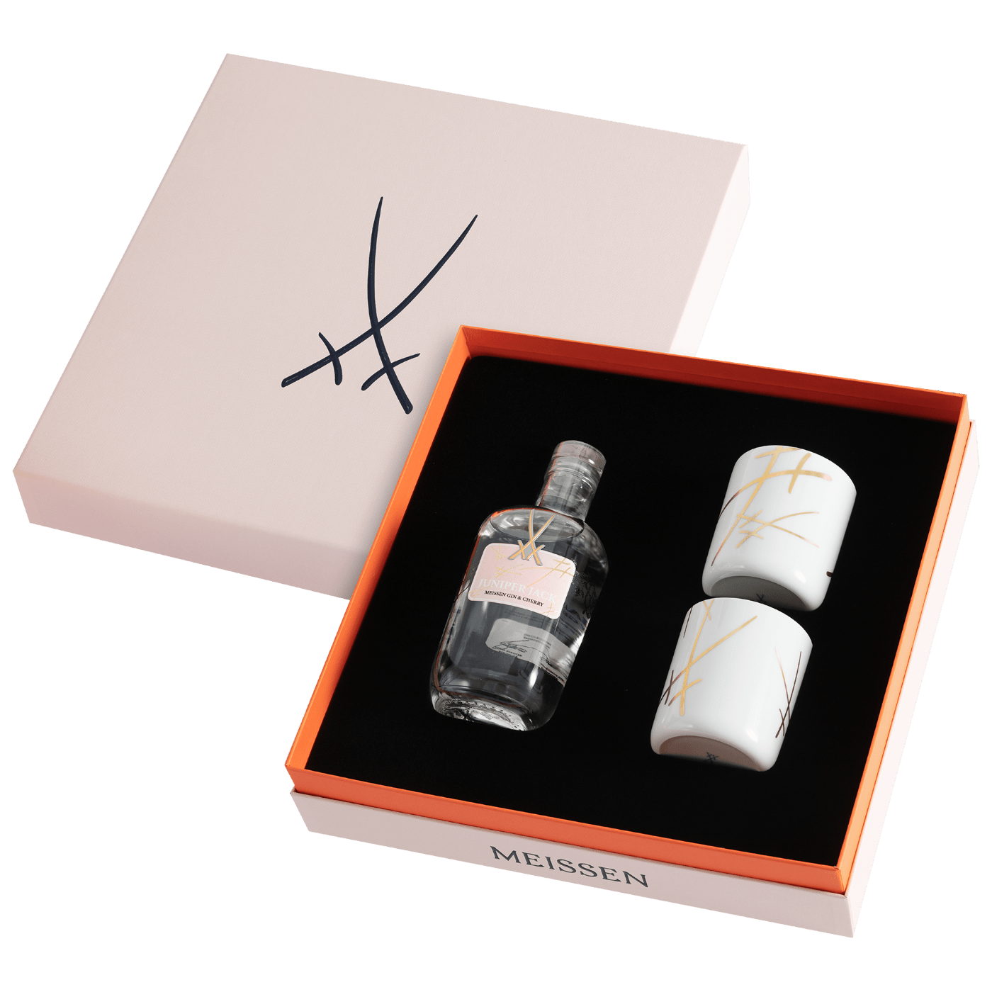 MEISSEN Gin - Set, 3 - tlg., Juniper Jack Meissen Gin & Cherry 0,5 l, 46,5 % vol., Gin - Becher, "Swords", V 0,2 l | Meissen Gourmet - Set 77A042 - 55M88 - Meissen Weimar