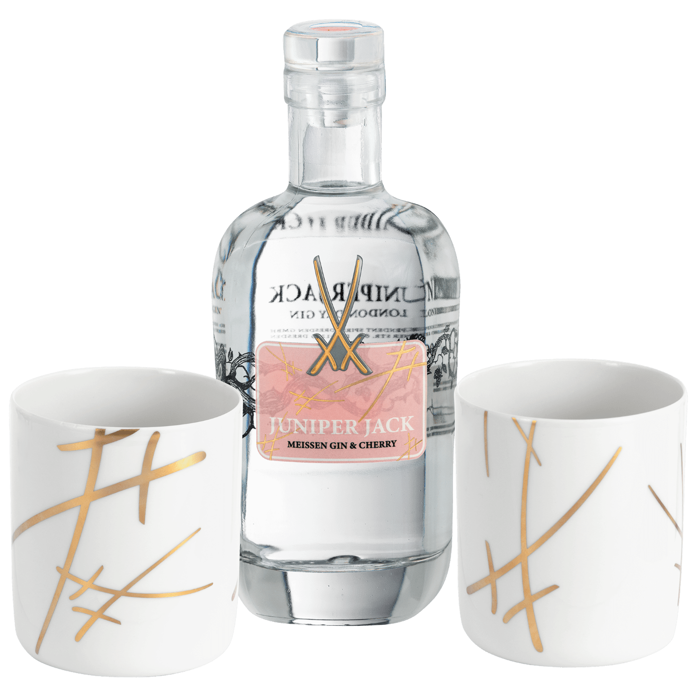 MEISSEN Gin - Set, 3 - tlg., Juniper Jack Meissen Gin & Cherry 0,5 l, 46,5 % vol., Gin - Becher, "Swords", V 0,2 l | Meissen Gourmet - Set 77A042 - 55M88 - Meissen Weimar