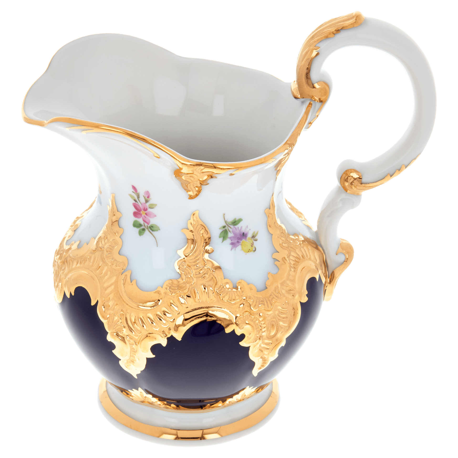 Milchkännchen, gestreute Blümchen, königsblau glasiert, Goldbronze, V 0,18 l | Meissen B - Form 011079 - 15765 - Meissen Weimar