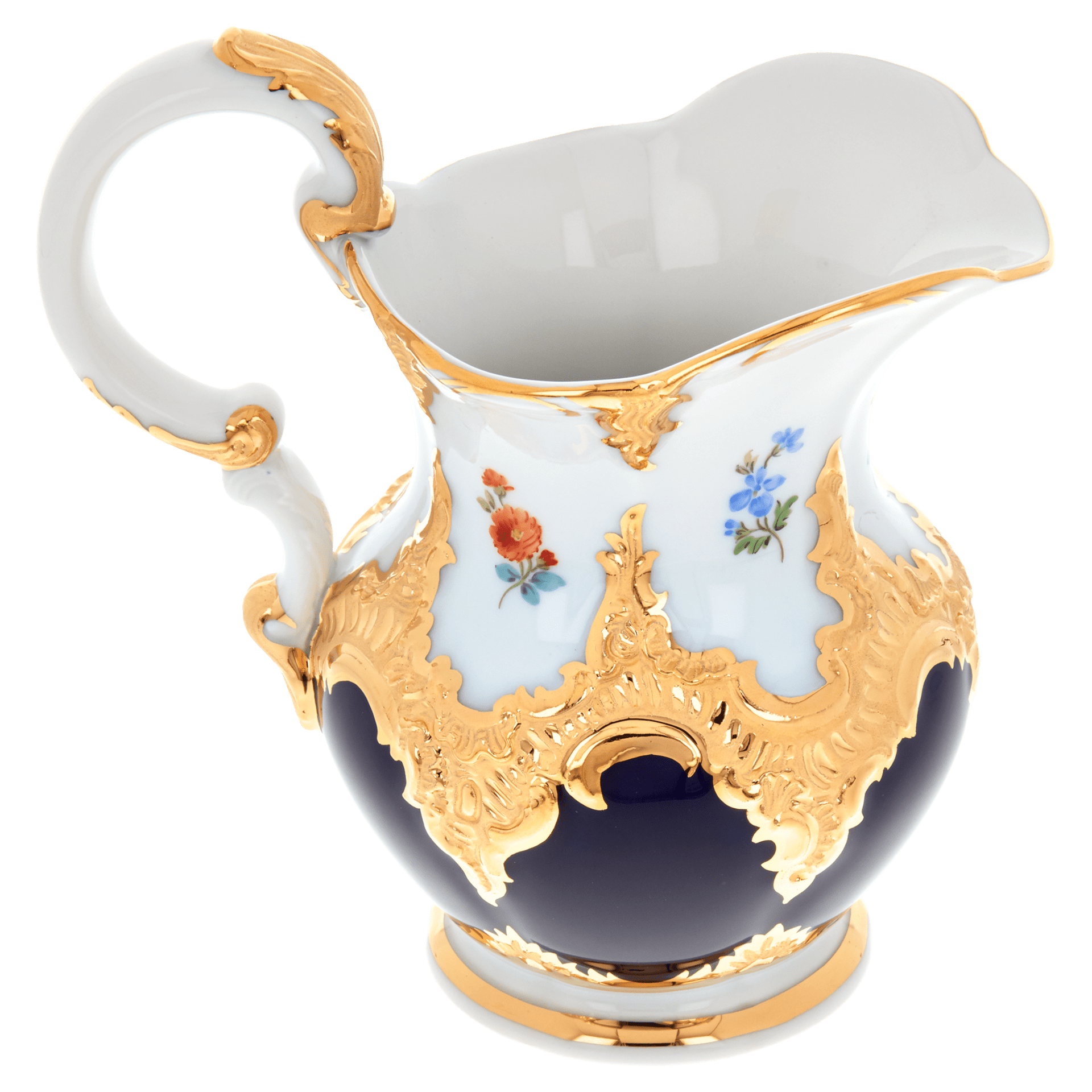 Milchkännchen, gestreute Blümchen, königsblau glasiert, Goldbronze, V 0,18 l | Meissen B - Form 011079 - 15765 - Meissen Weimar