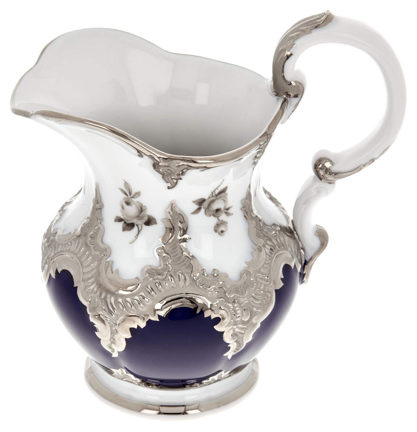 Milchkännchen, Gestreute Röschen, weiß - grau, königsblau, Glanzplatin, V 0,18 l | Meissen B - Form 018677 - 15765 - Meissen Weimar