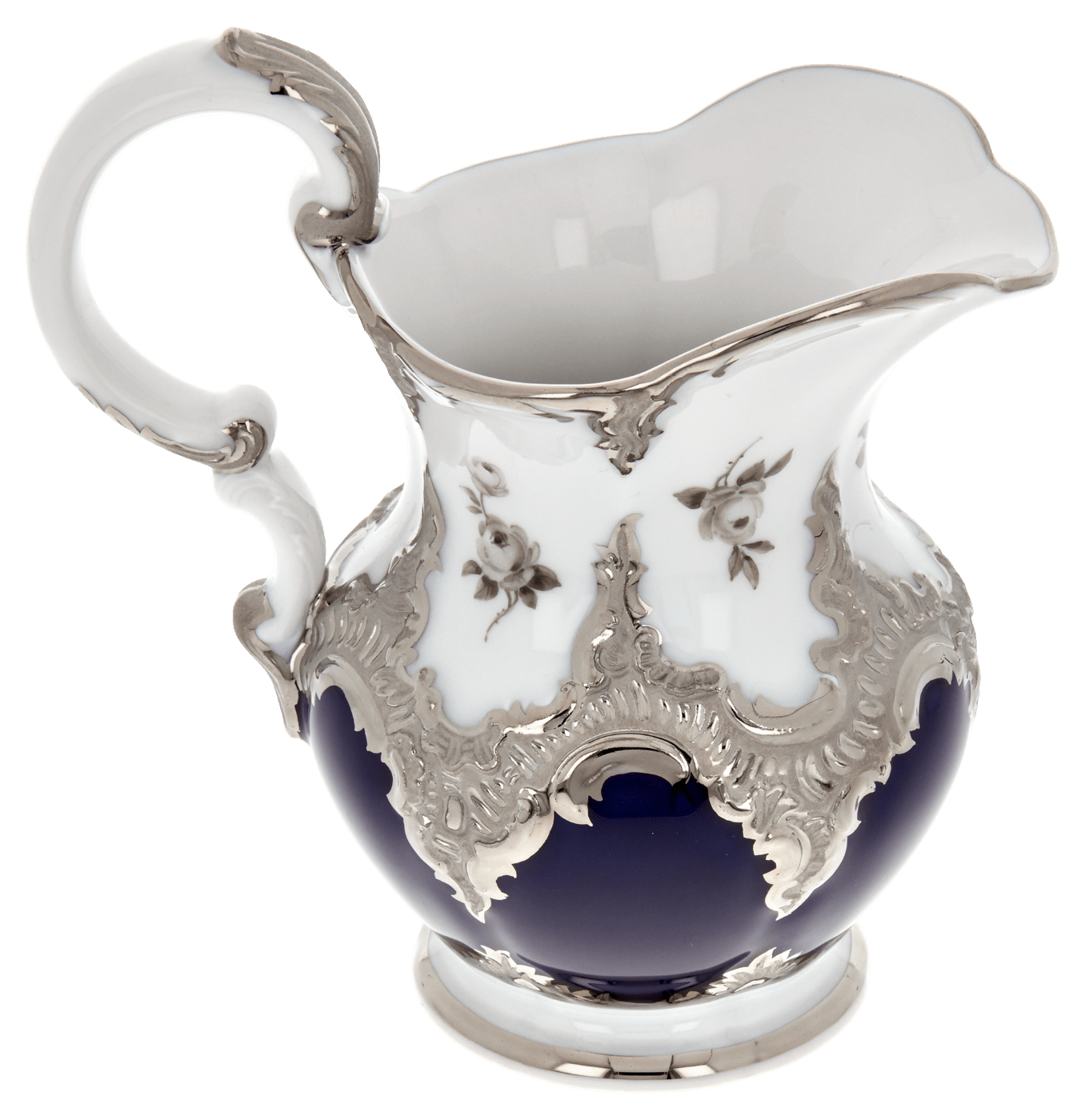 Milchkännchen, Gestreute Röschen, weiß - grau, königsblau, Glanzplatin, V 0,18 l | Meissen B - Form 018677 - 15765 - Meissen Weimar