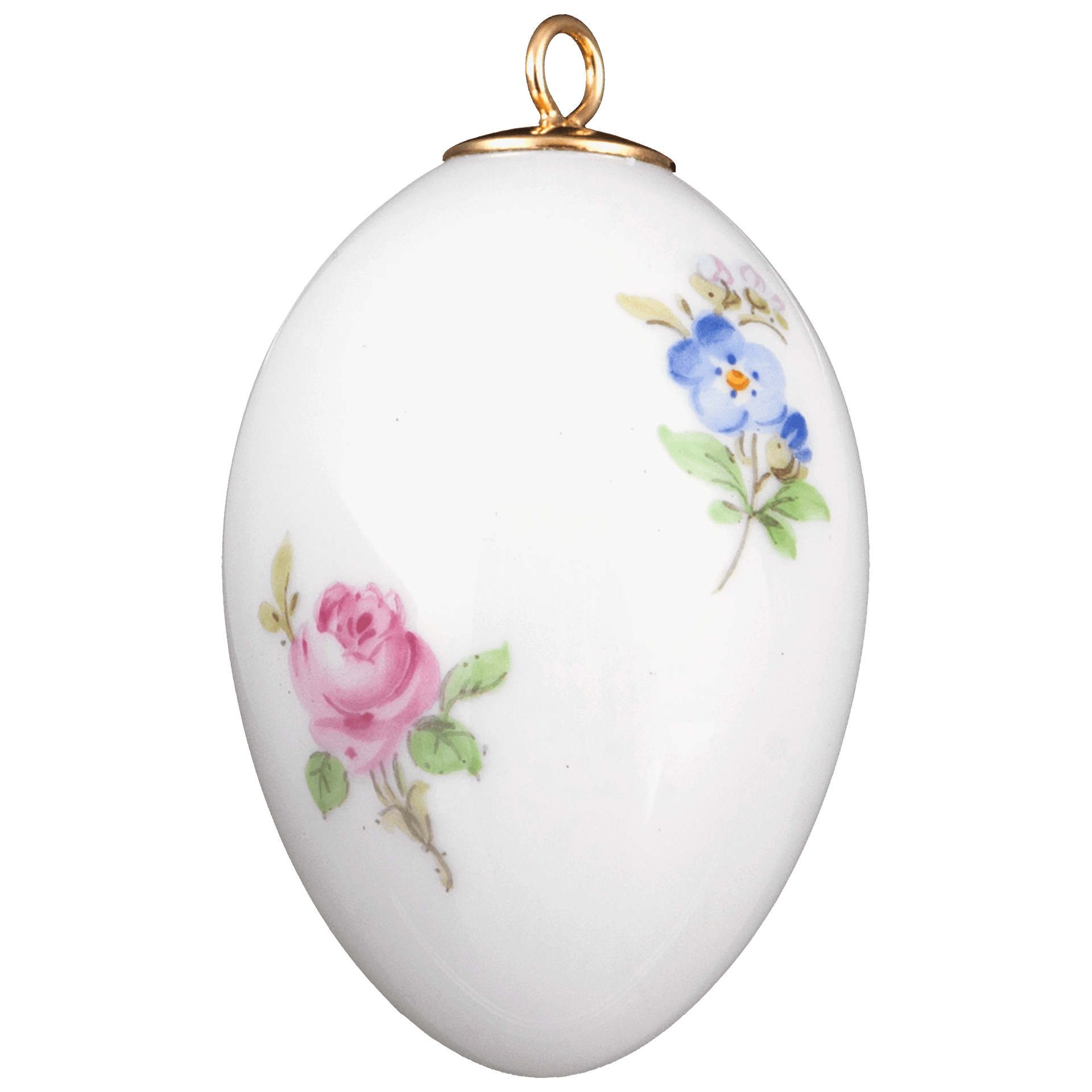 Osterei, Gestreute Röschen und Vergißmeinnicht, bunt, weißer Rand, H 4,5 cm | Meissen Dekor - Idee 019501 - 55M03 - Meissen Weimar