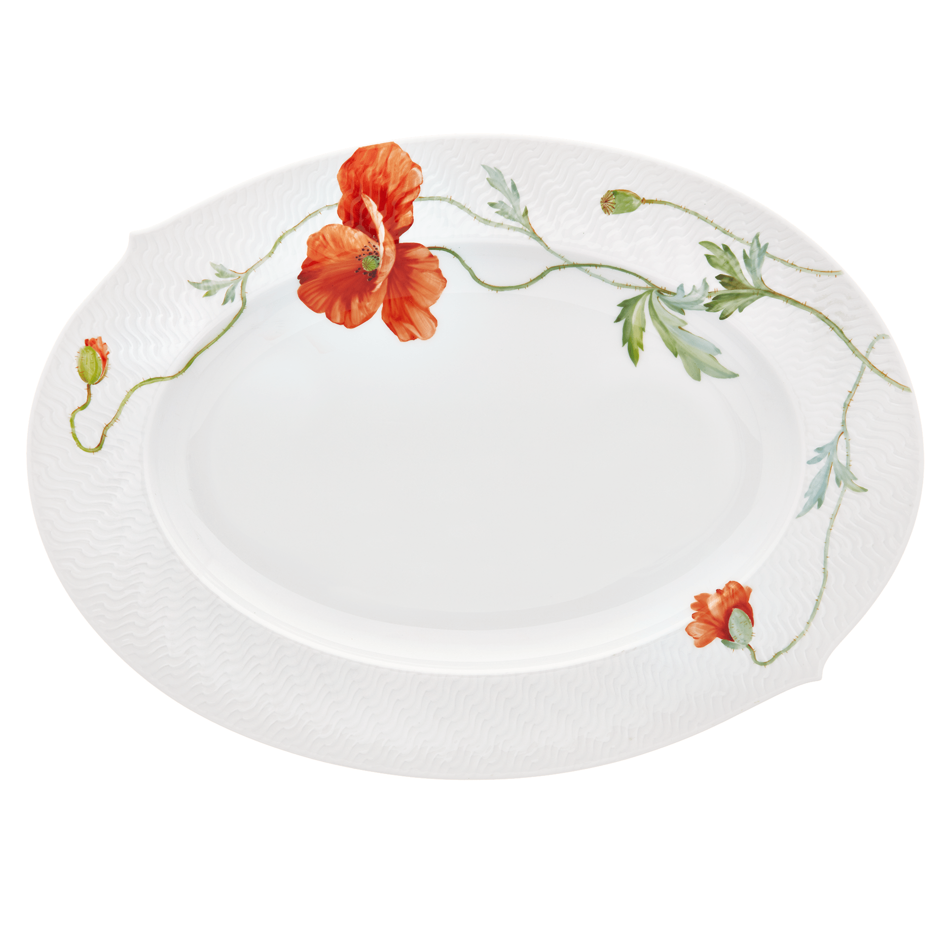 Platte, oval, Blumenmalerei "Wilder Mohn", rot, weißer Rand, L 35 cm | Meissen Wellenspiel Relief 615201 - 29307 - Meissen Weimar