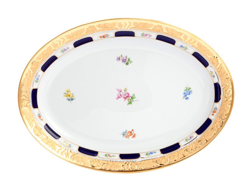 Platte, oval, gestreute Blümchen, königsblau glasiert, Goldbronze, L 36 cm | Meissen X - Form 011079 - 17308 - Meissen Weimar