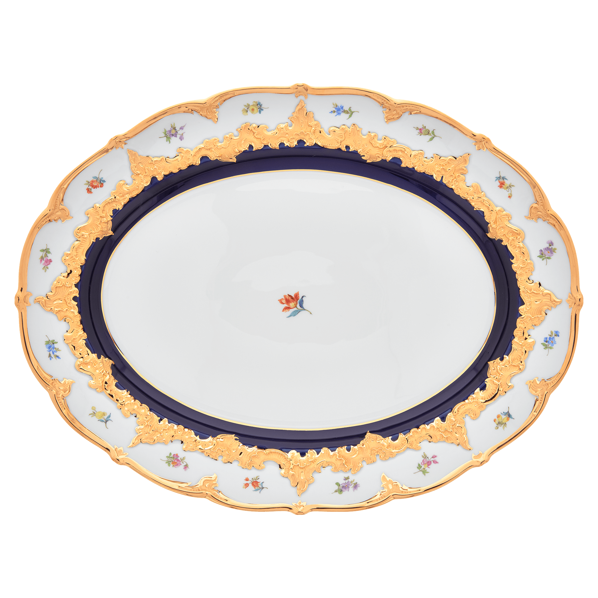 Platte, oval, gestreute Blümchen, königsblau glasiert, Goldbronze, L 40 cm | Meissen B - Form 011079 - 15308 - Meissen Weimar