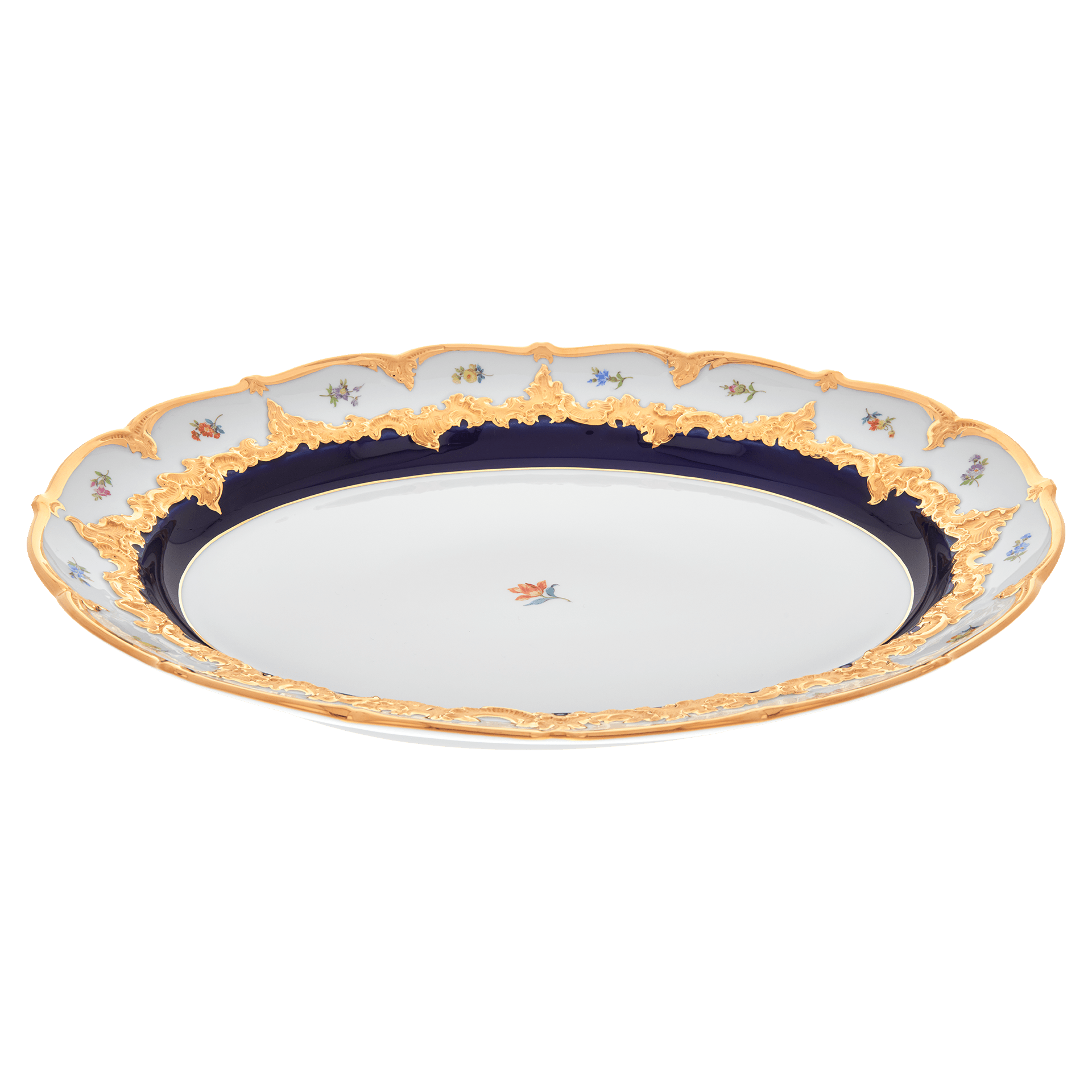 Platte, oval, gestreute Blümchen, königsblau glasiert, Goldbronze, L 40 cm | Meissen B - Form 011079 - 15308 - Meissen Weimar