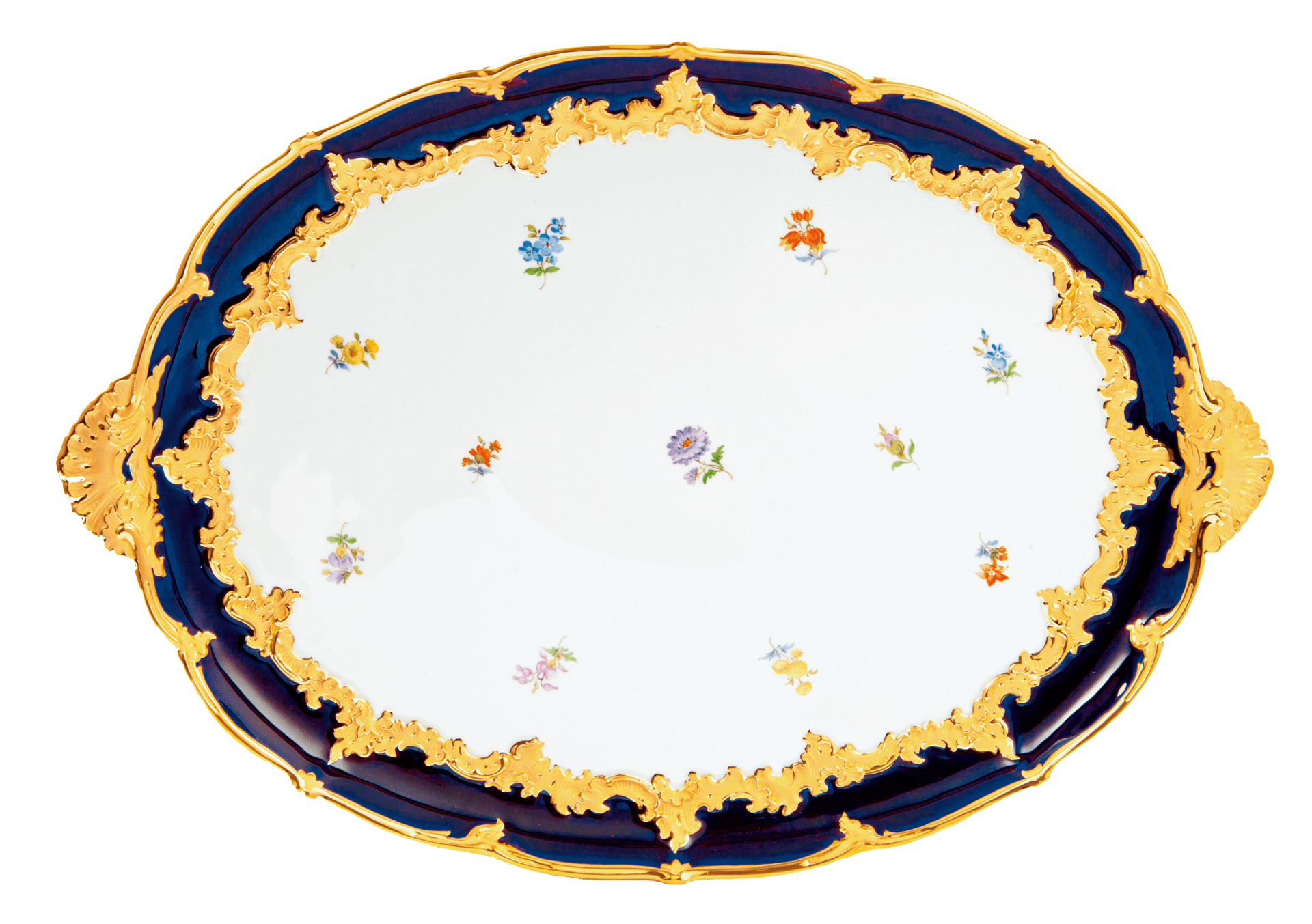 Platte, oval, gestreute Blümchen, königsblau glasiert, Goldbronze, L 44 cm | Meissen B - Form 011079 - 15298 - Meissen Weimar