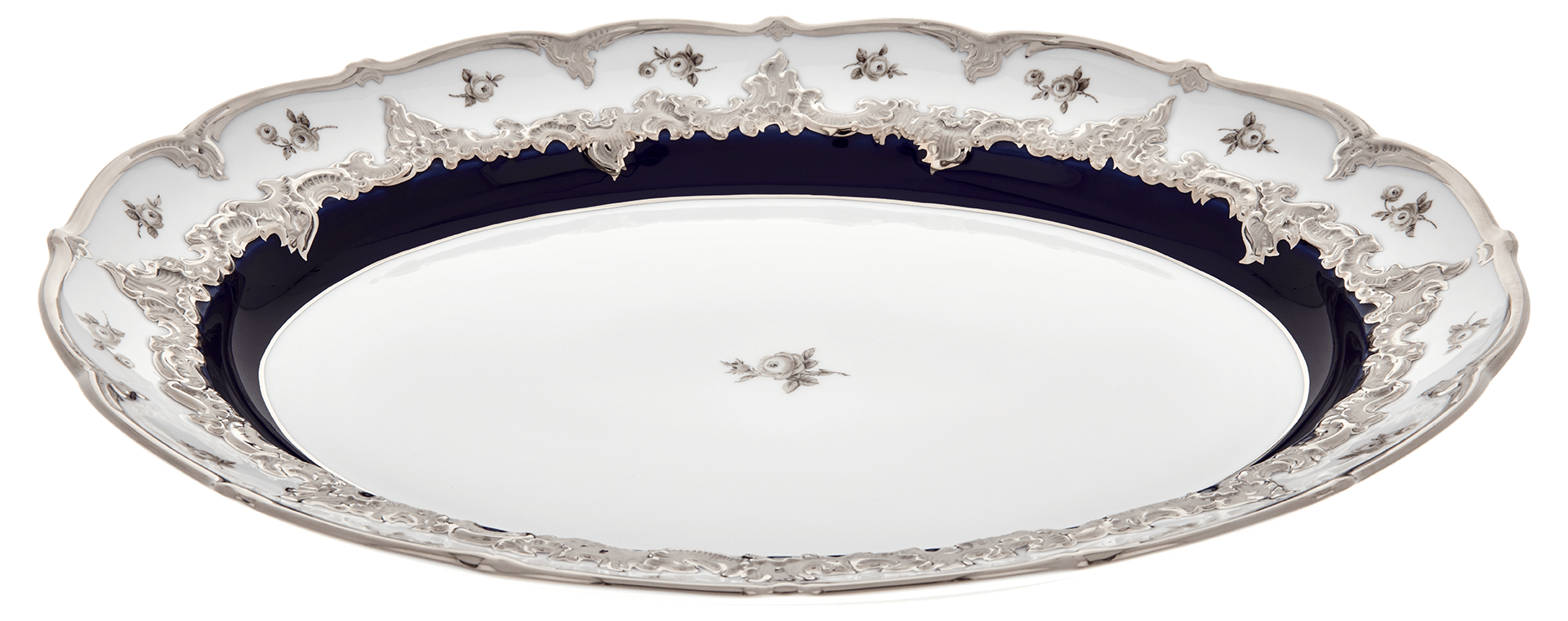 Platte, oval, Gestreute Röschen, weiß - grau, königsblau, Glanzplatin, L 40 cm | Meissen B - Form 018677 - 15308 - Meissen Weimar