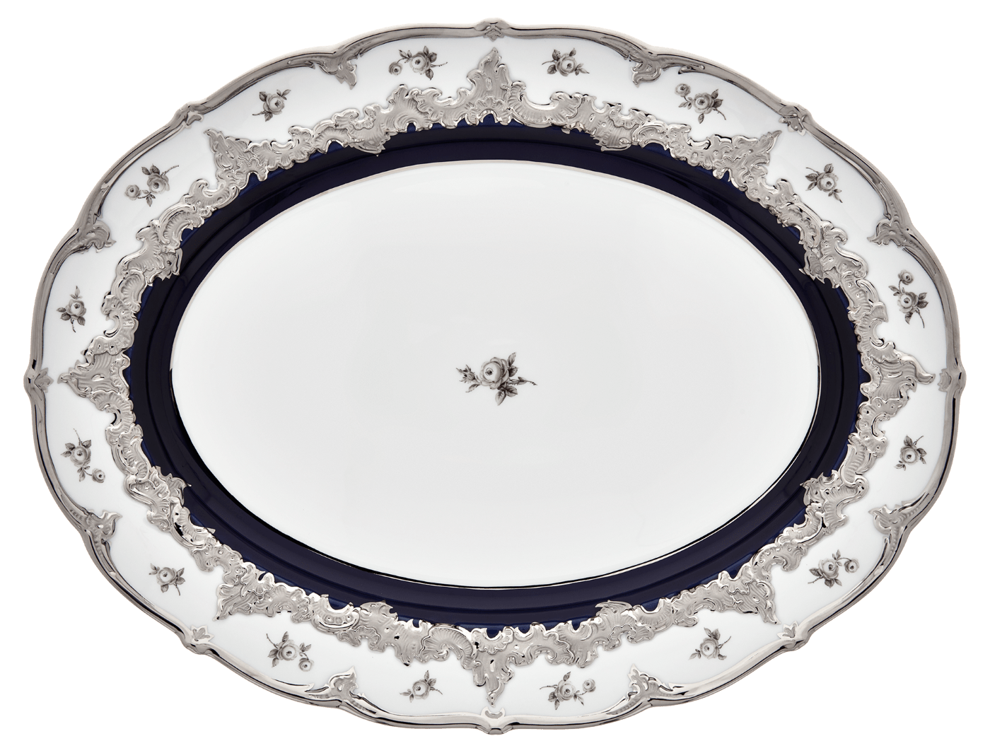 Platte, oval, Gestreute Röschen, weiß - grau, königsblau, Glanzplatin, L 40 cm | Meissen B - Form 018677 - 15308 - Meissen Weimar