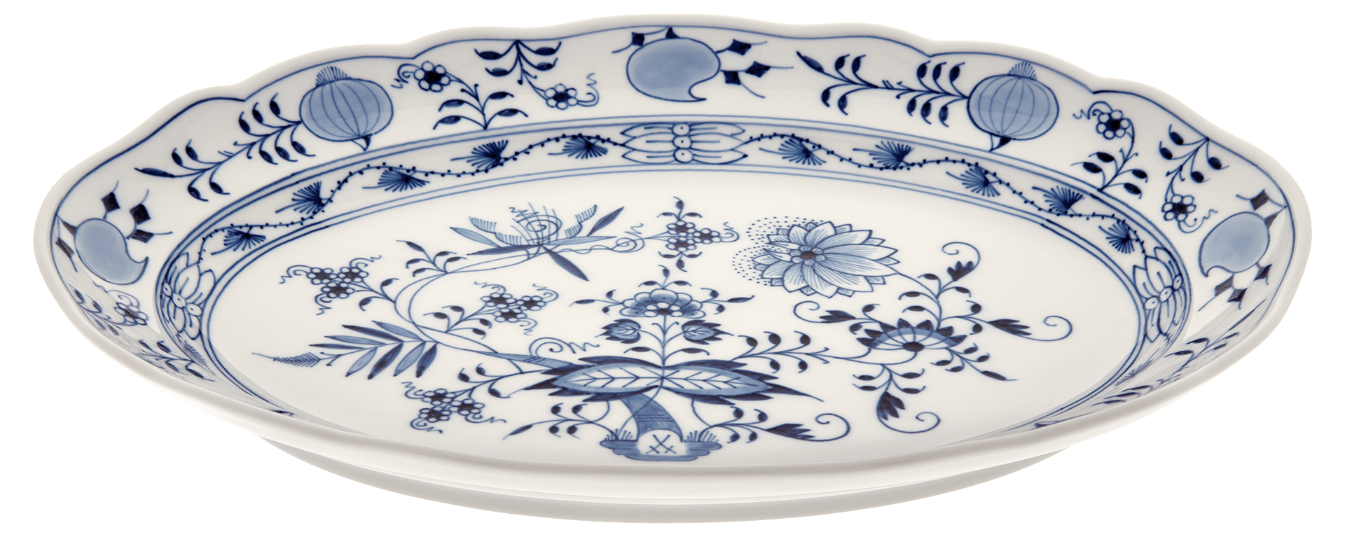 Platte, oval, Zwiebelmuster, kobaltblau, weißer Rand, L 35 cm | Meissen Neuer Ausschnitt 800101 - 00308 - Meissen Weimar