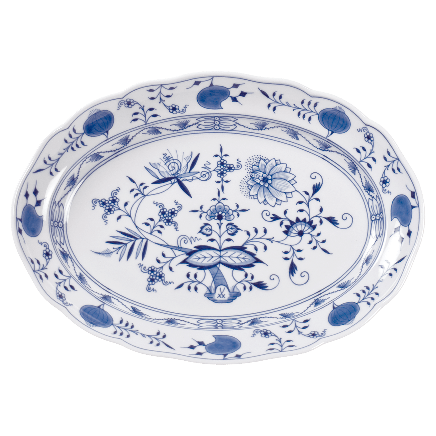 Platte, oval, Zwiebelmuster, kobaltblau, weißer Rand, L 35 cm | Meissen Neuer Ausschnitt 800101 - 00308 - Meissen Weimar
