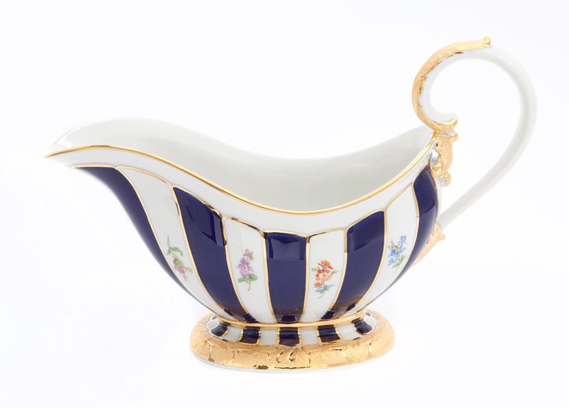 Sauciere, gestreute Blümchen, königsblau glasiert, Goldbronze, V 0,4 l | Meissen X - Form 011079 - 17228 - Meissen Weimar