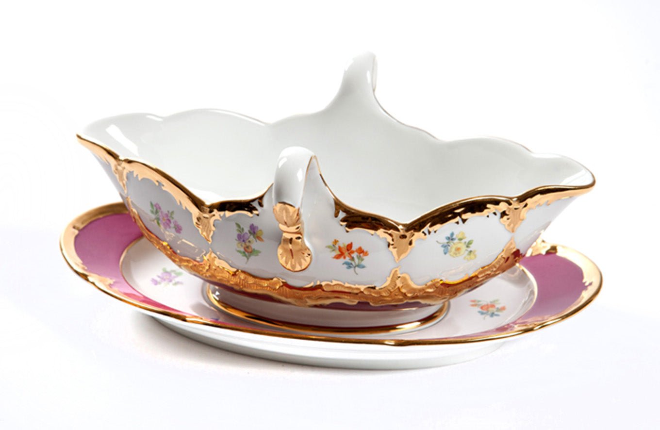 Sauciere, Gestreute Blümchen, purpur glasiert, Goldbronze, V 0,45 l | Meissen B - Form 012079 - 15228 - Meissen Weimar