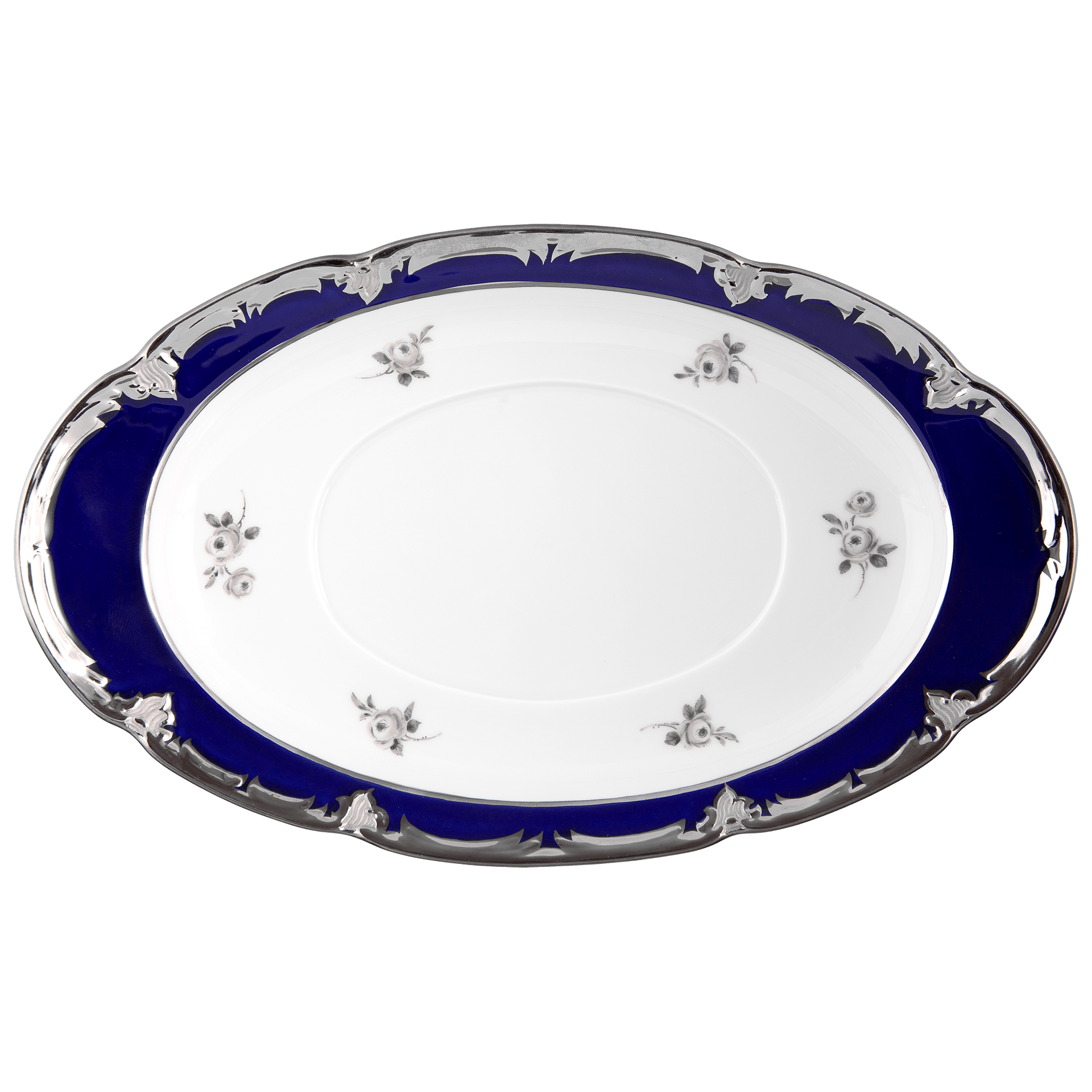 Sauciere, Gestreute Röschen, weiß - grau, königsblau, Glanzplatin, V 0,45 l | Meissen B - Form 018677 - 15228 - Meissen Weimar