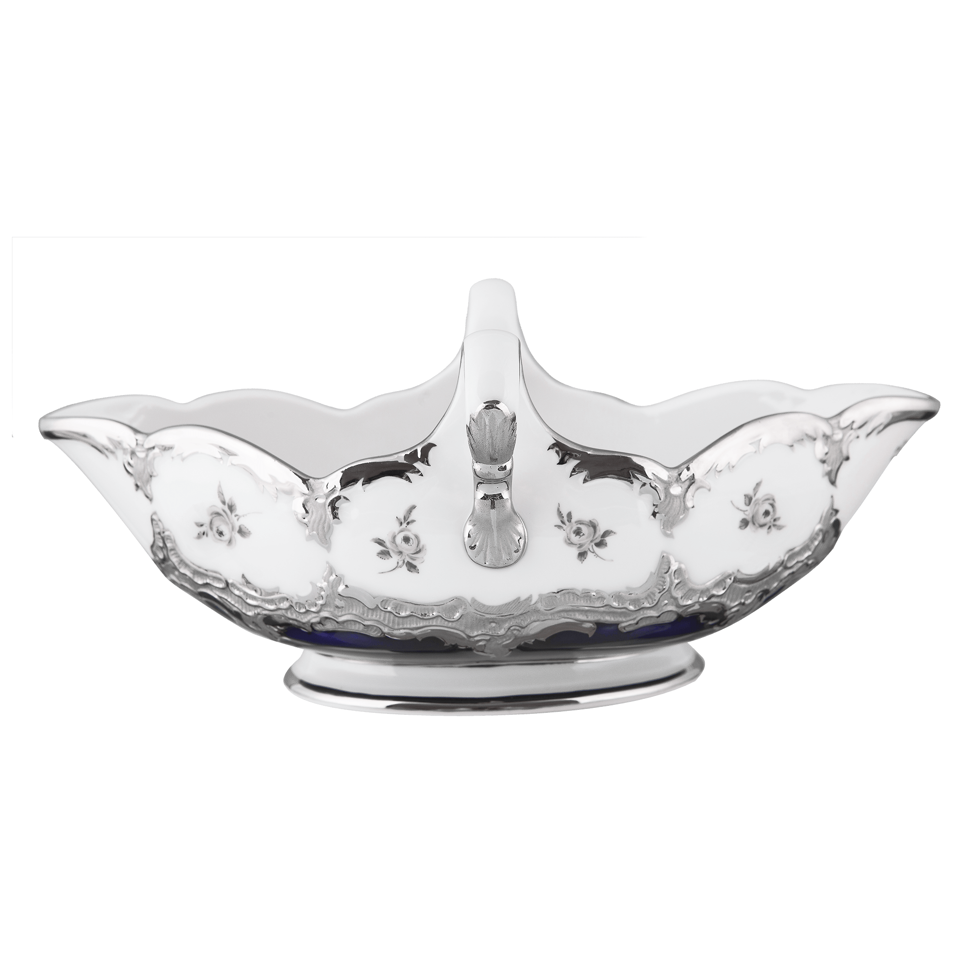Sauciere, Gestreute Röschen, weiß - grau, königsblau, Glanzplatin, V 0,45 l | Meissen B - Form 018677 - 15228 - Meissen Weimar