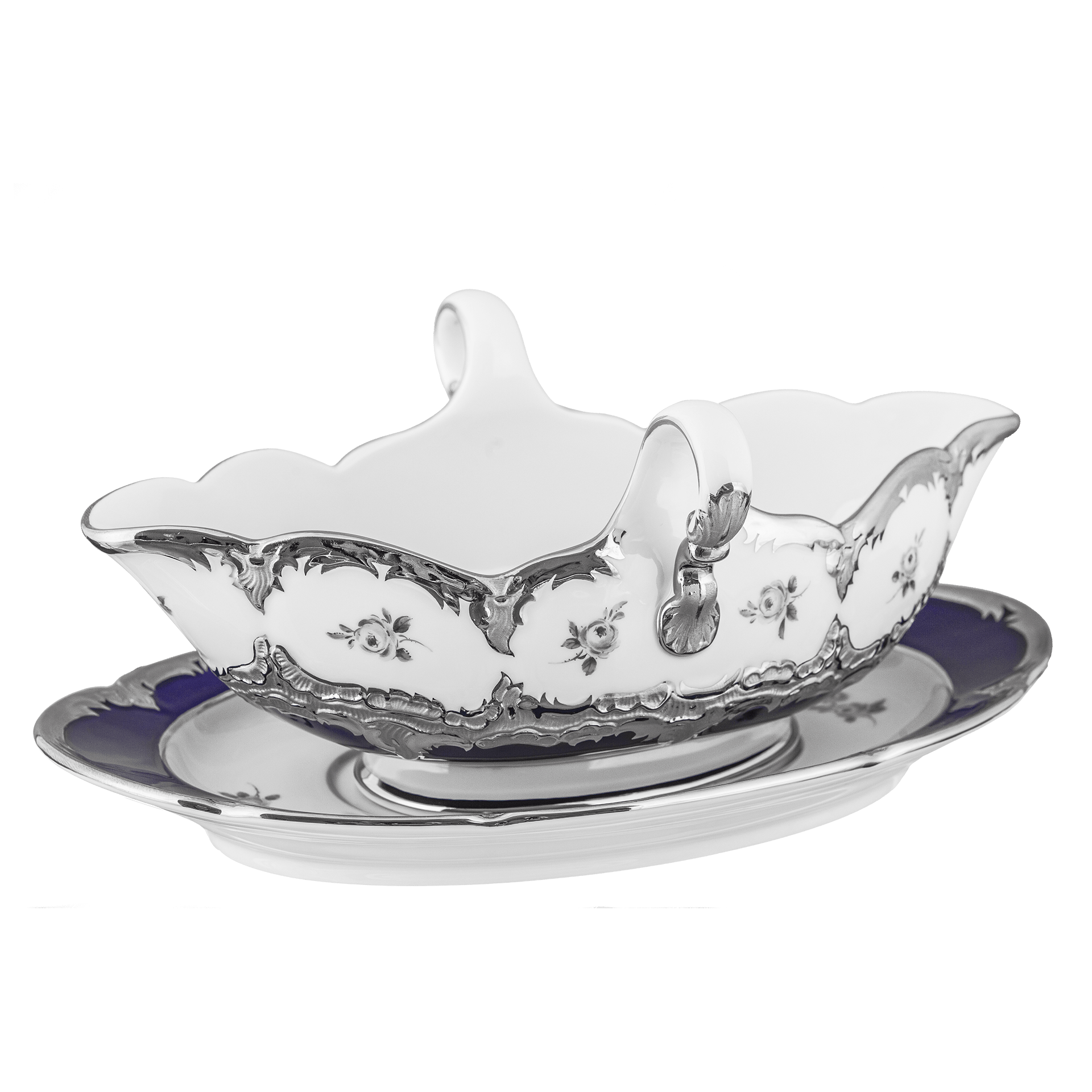 Sauciere, Gestreute Röschen, weiß - grau, königsblau, Glanzplatin, V 0,45 l | Meissen B - Form 018677 - 15228 - Meissen Weimar