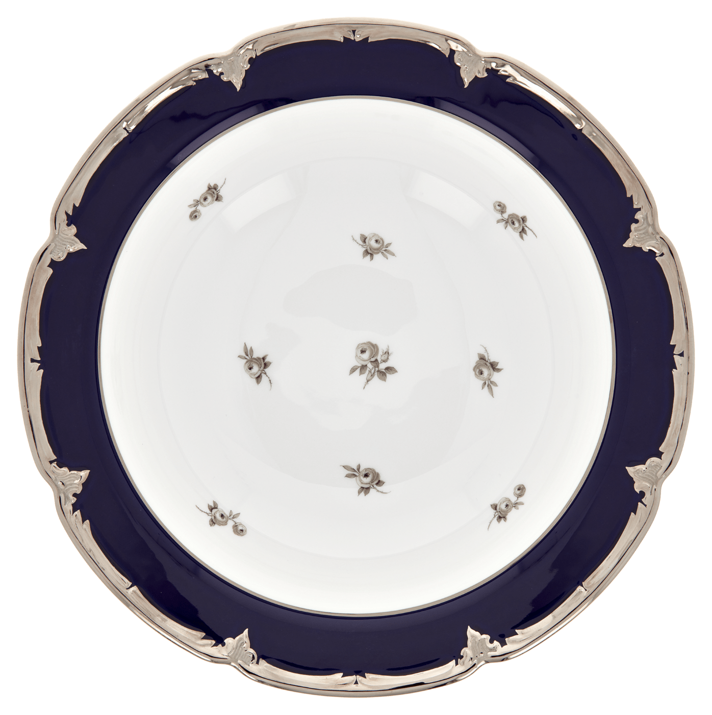 Schüssel, groß, Gestreute Röschen, weiß - grau, königsblau, Glanzplatin, ø 27 cm | Meissen B - Form 018677 - 15442 - Meissen Weimar