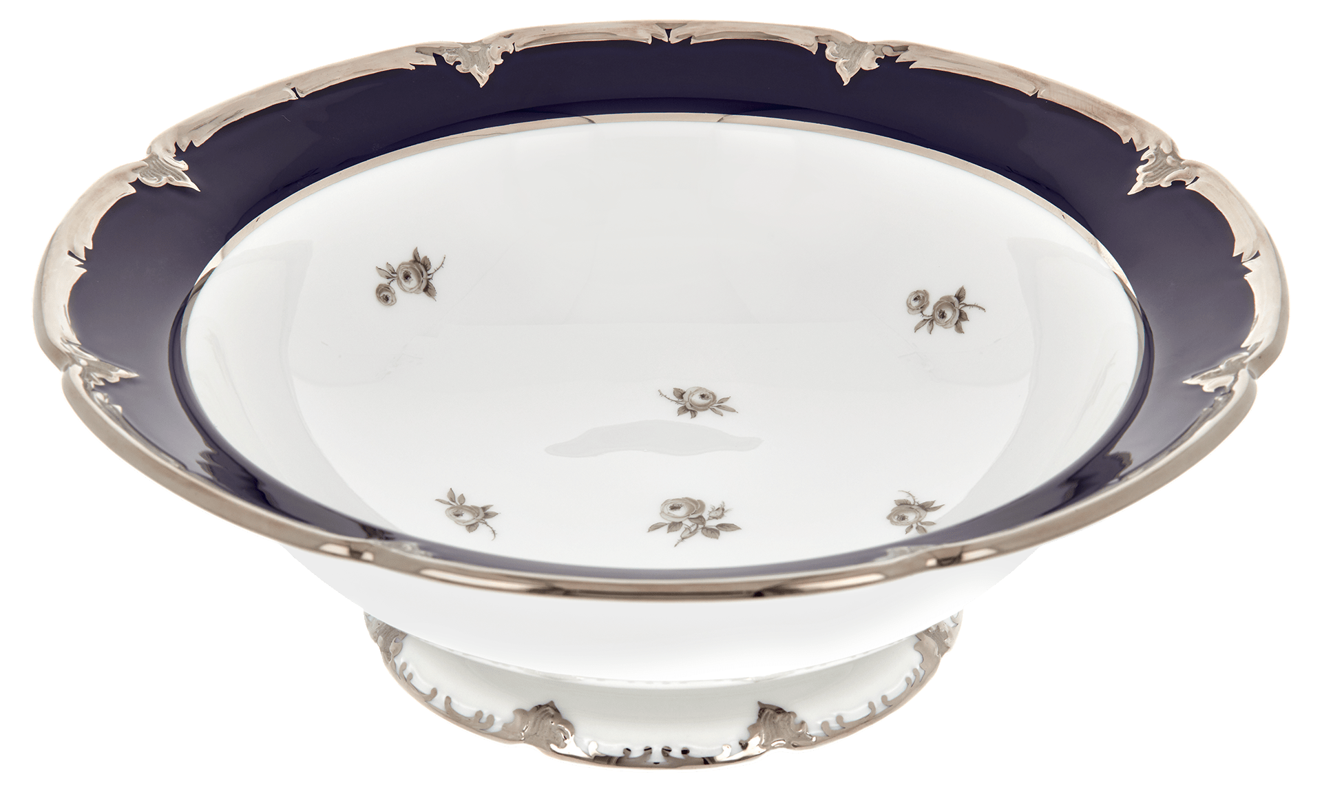 Schüssel, groß, Gestreute Röschen, weiß - grau, königsblau, Glanzplatin, ø 27 cm | Meissen B - Form 018677 - 15442 - Meissen Weimar