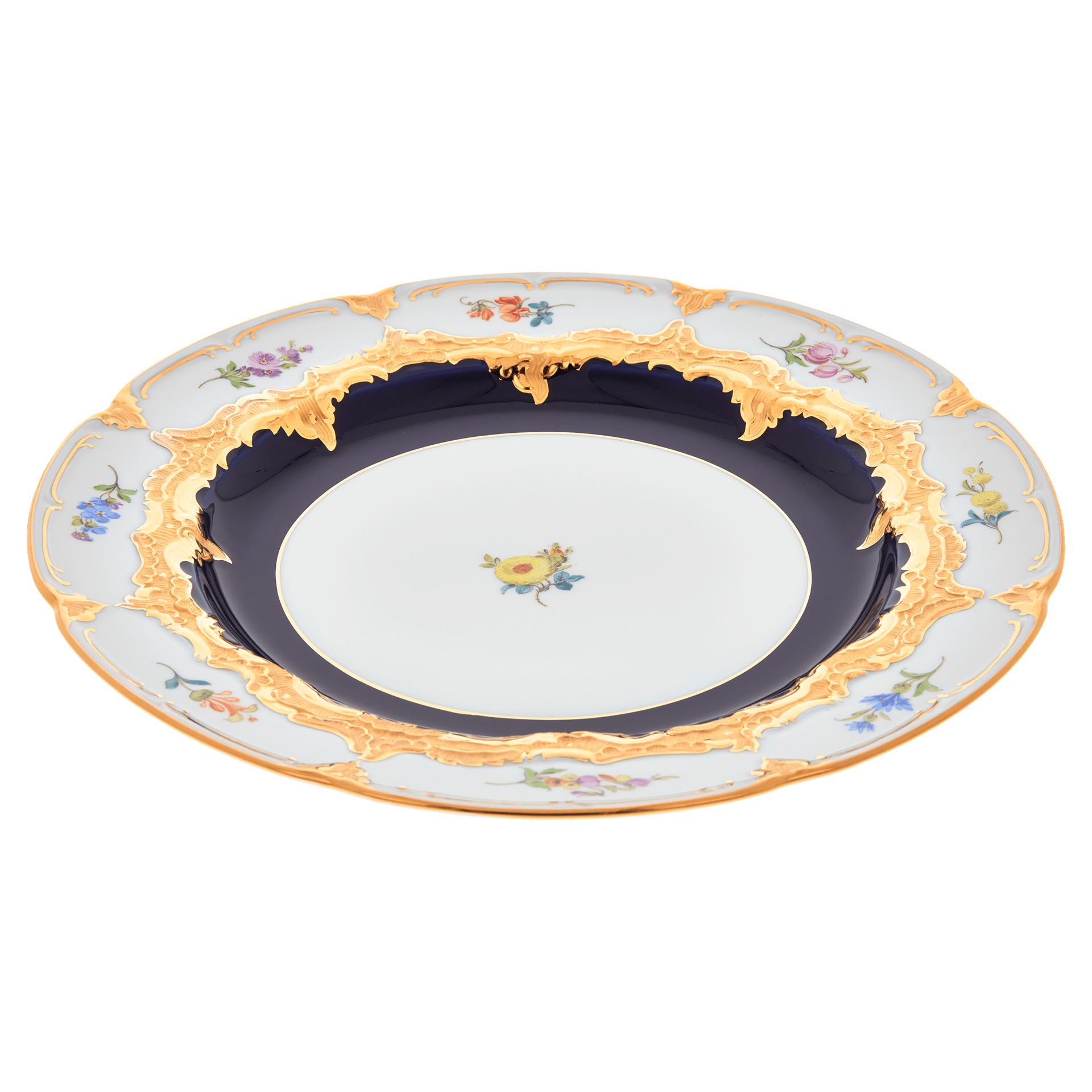 Speiseteller, gestreute Blümchen, königsblau glasiert, Goldbronze, ø 28 cm | Meissen B - Form 011079 - 15479 - Meissen Weimar