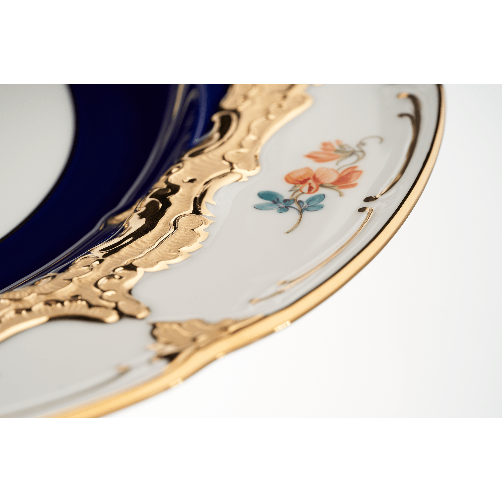 Speiseteller, gestreute Blümchen, königsblau glasiert, Goldbronze, ø 28 cm | Meissen B - Form 011079 - 15479 - Meissen Weimar