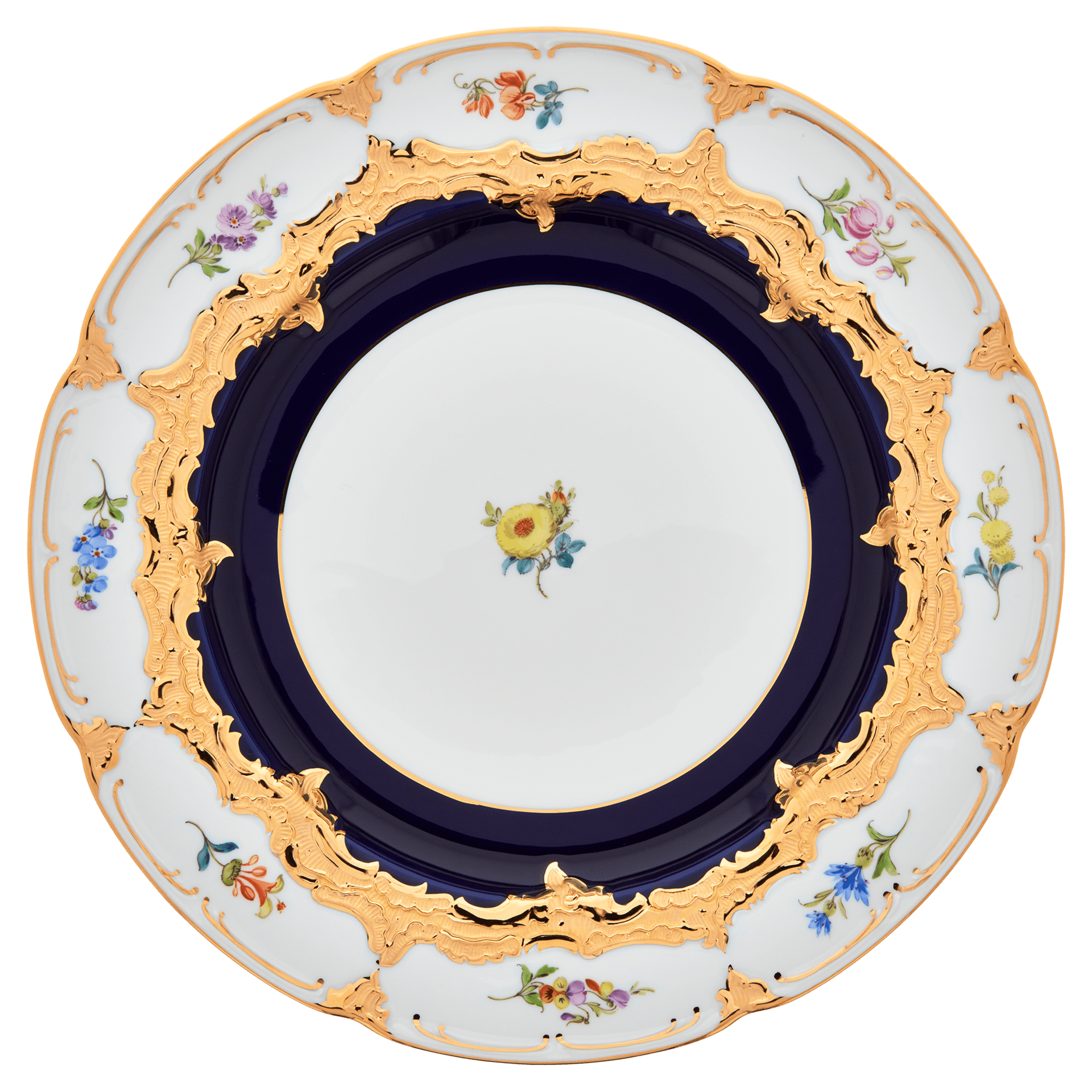 Speiseteller, gestreute Blümchen, königsblau glasiert, Goldbronze, ø 28 cm | Meissen B - Form 011079 - 15479 - Meissen Weimar