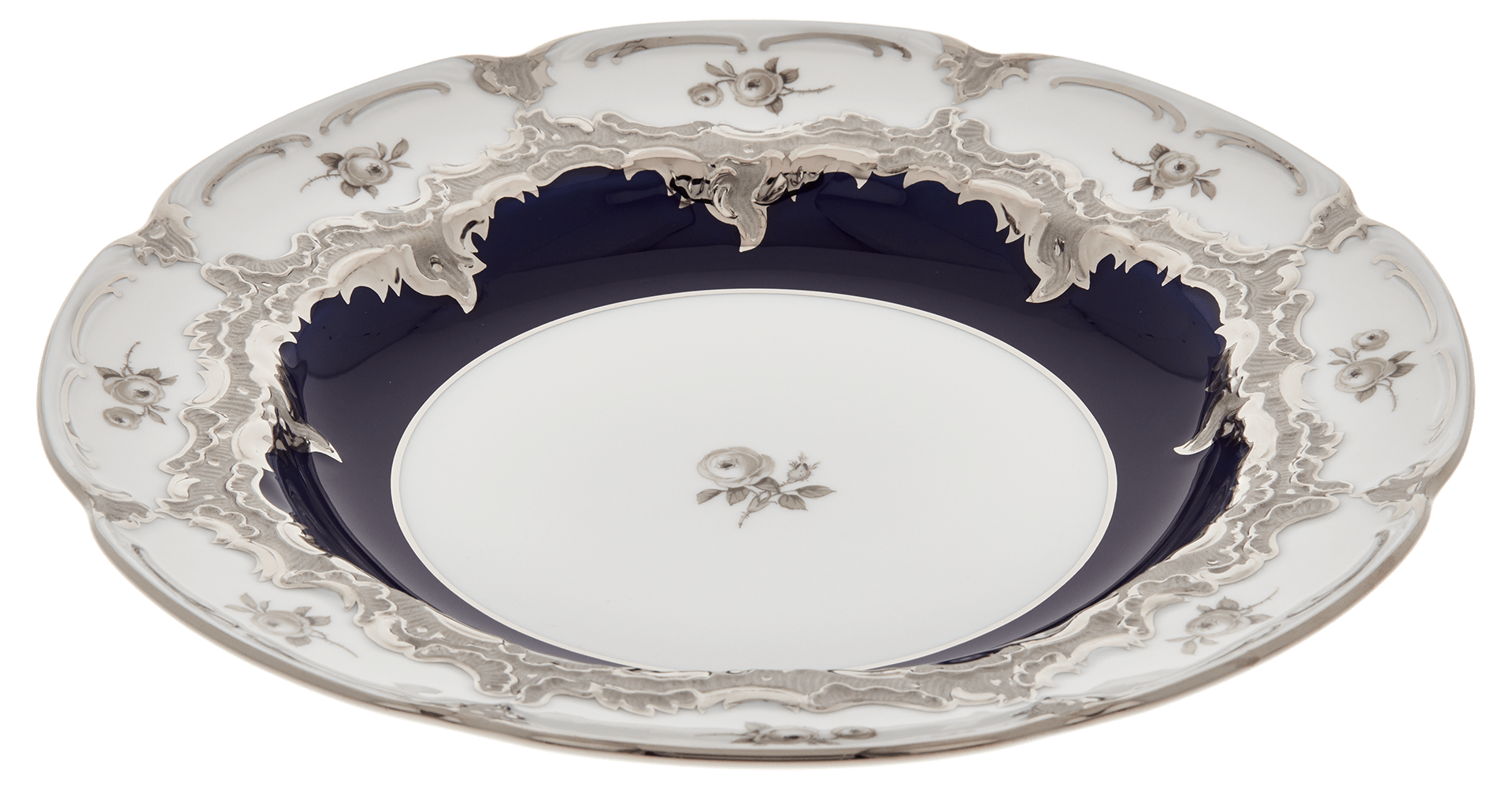 Speiseteller, Gestreute Röschen, weiß - grau, königsblau, Glanzplatin, Ø 22 cm | Meissen B - Form 018677 - 15473 - Meissen Weimar