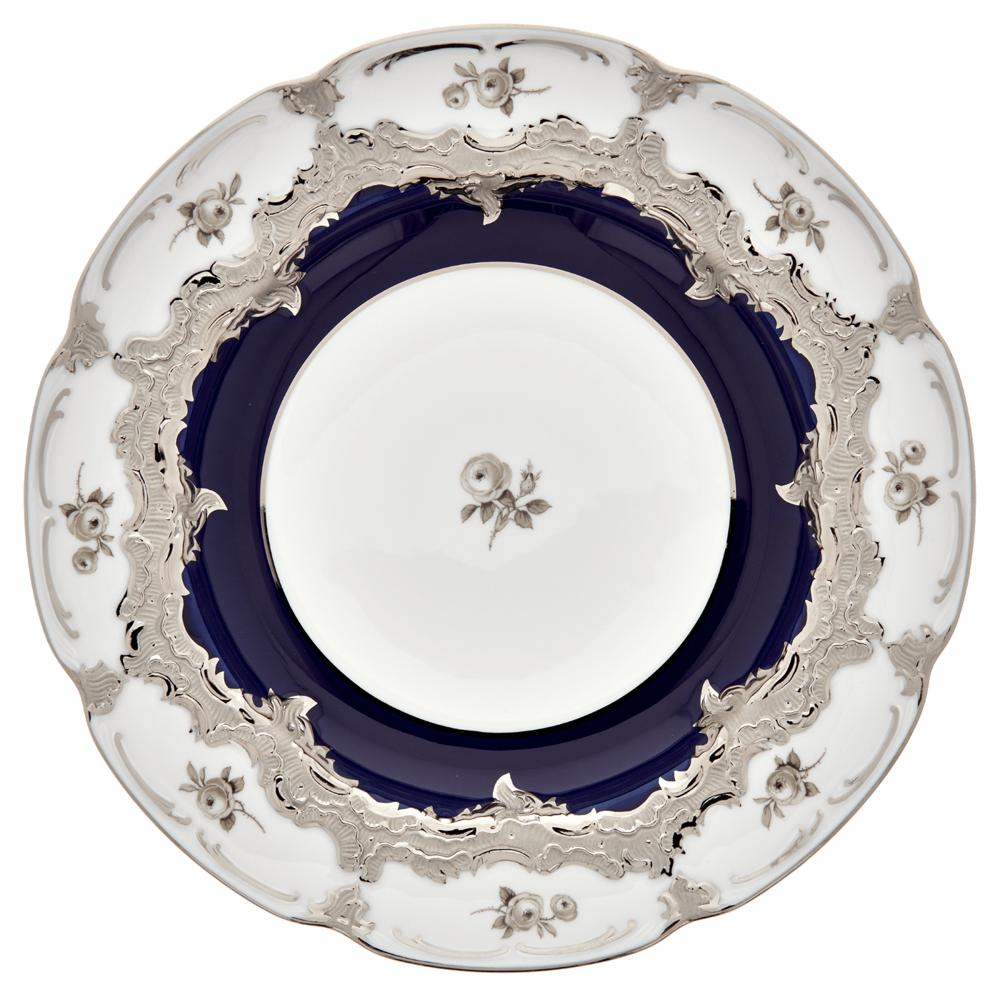 Speiseteller, Gestreute Röschen, weiß - grau, königsblau, Glanzplatin, Ø 22 cm | Meissen B - Form 018677 - 15473 - Meissen Weimar