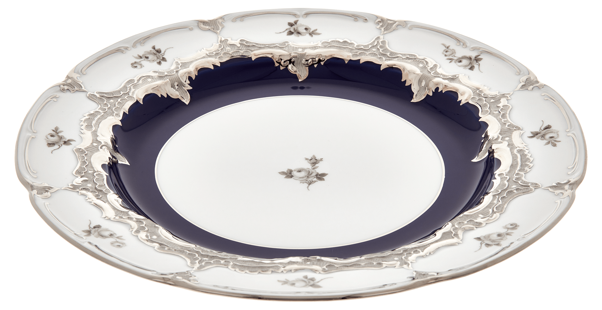 Speiseteller, Gestreute Röschen, weiß - grau, königsblau, Glanzplatin, ø 28 cm | Meissen B - Form 018677 - 15479 - Meissen Weimar