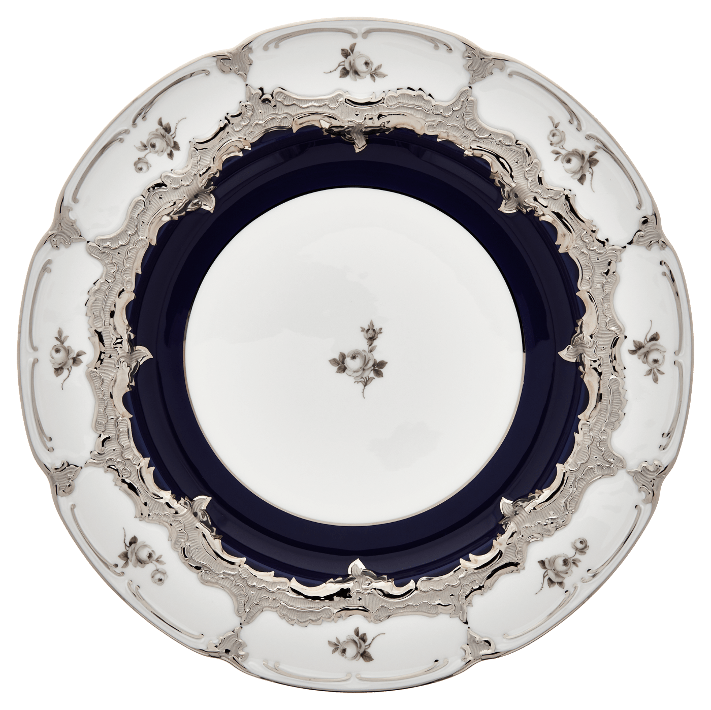 Speiseteller, Gestreute Röschen, weiß - grau, königsblau, Glanzplatin, ø 28 cm | Meissen B - Form 018677 - 15479 - Meissen Weimar