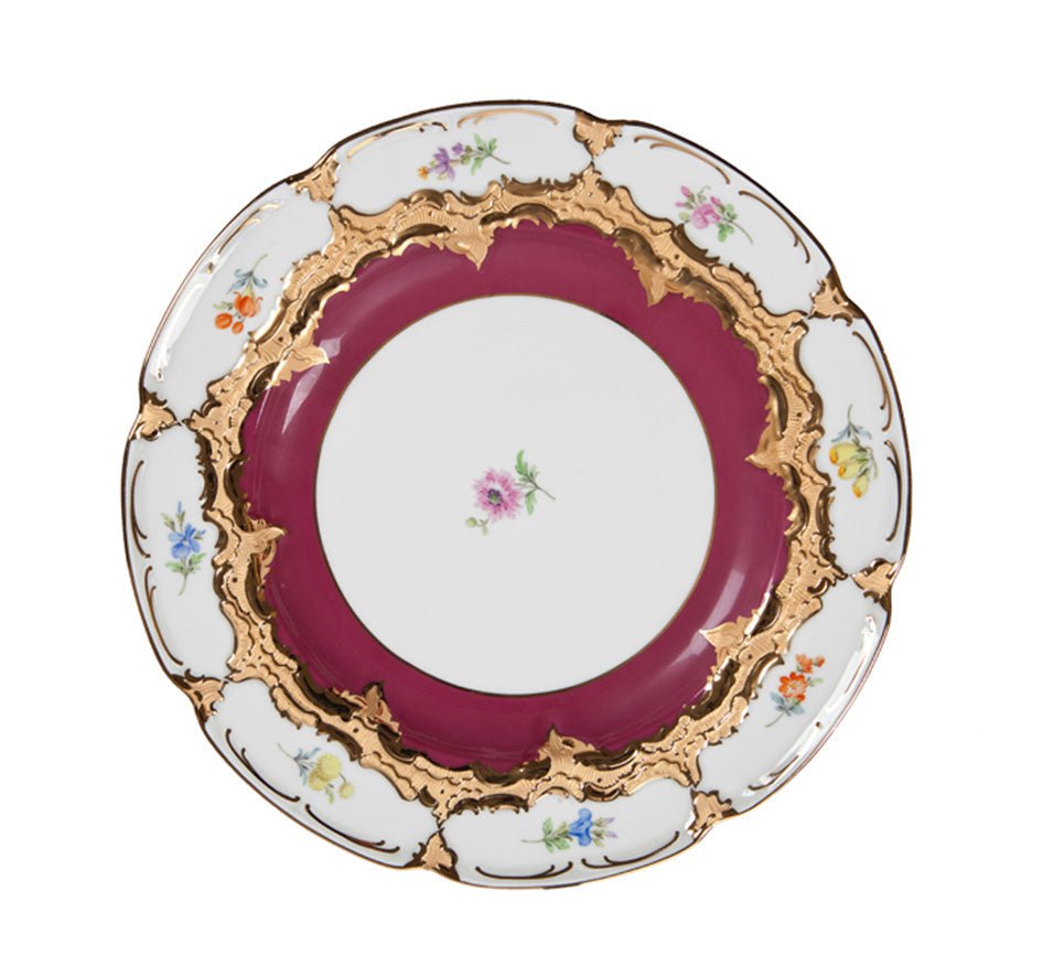 Speiseteller, Goldbronze, ø 25 cm | Meissen B - Form Gestreute Blümchen, purpur glasiert 012079 - 15475 - Meissen Weimar