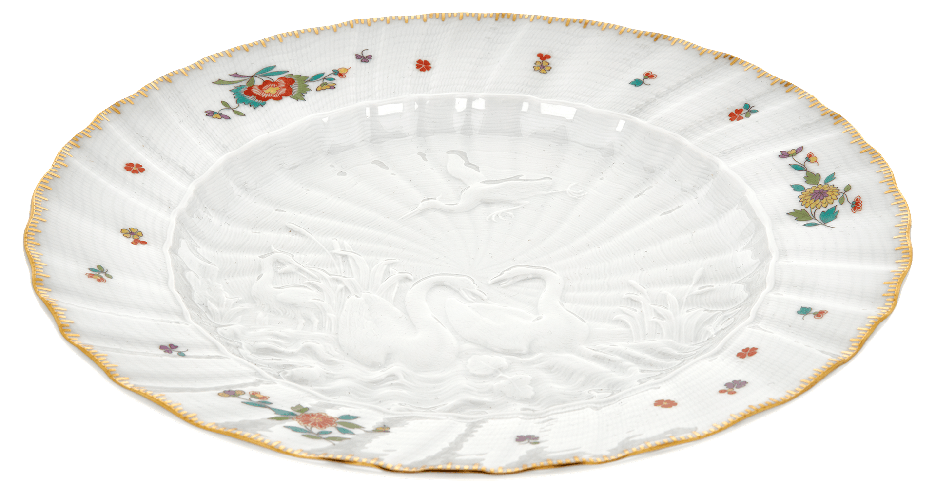 Speiseteller, Indische Blumenzweige, gestreute Blümchen, Goldkante, Goldrand, ø 28 cm | Meissen Schwanendessin 397152 - 05479 - Meissen Weimar