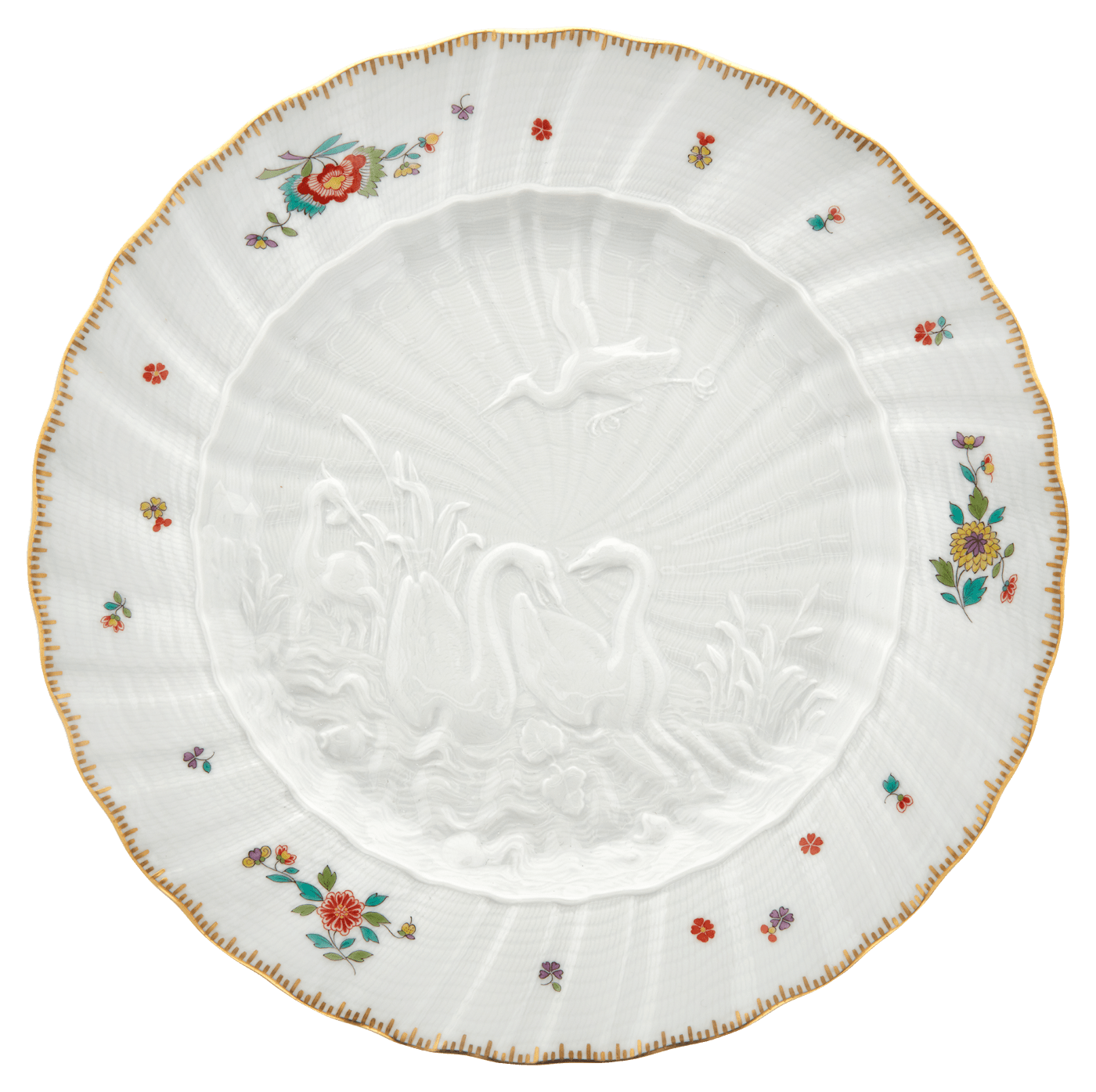 Speiseteller, Indische Blumenzweige, gestreute Blümchen, Goldkante, Goldrand, ø 28 cm | Meissen Schwanendessin 397152 - 05479 - Meissen Weimar