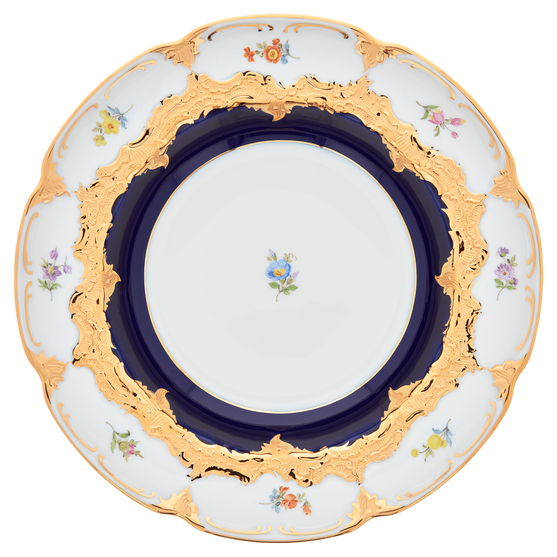Suppenteller, gestreute Blümchen, königsblau glasiert, Goldbronze, ø 24 cm | Meissen B - Form 011079 - 15489 - Meissen Weimar