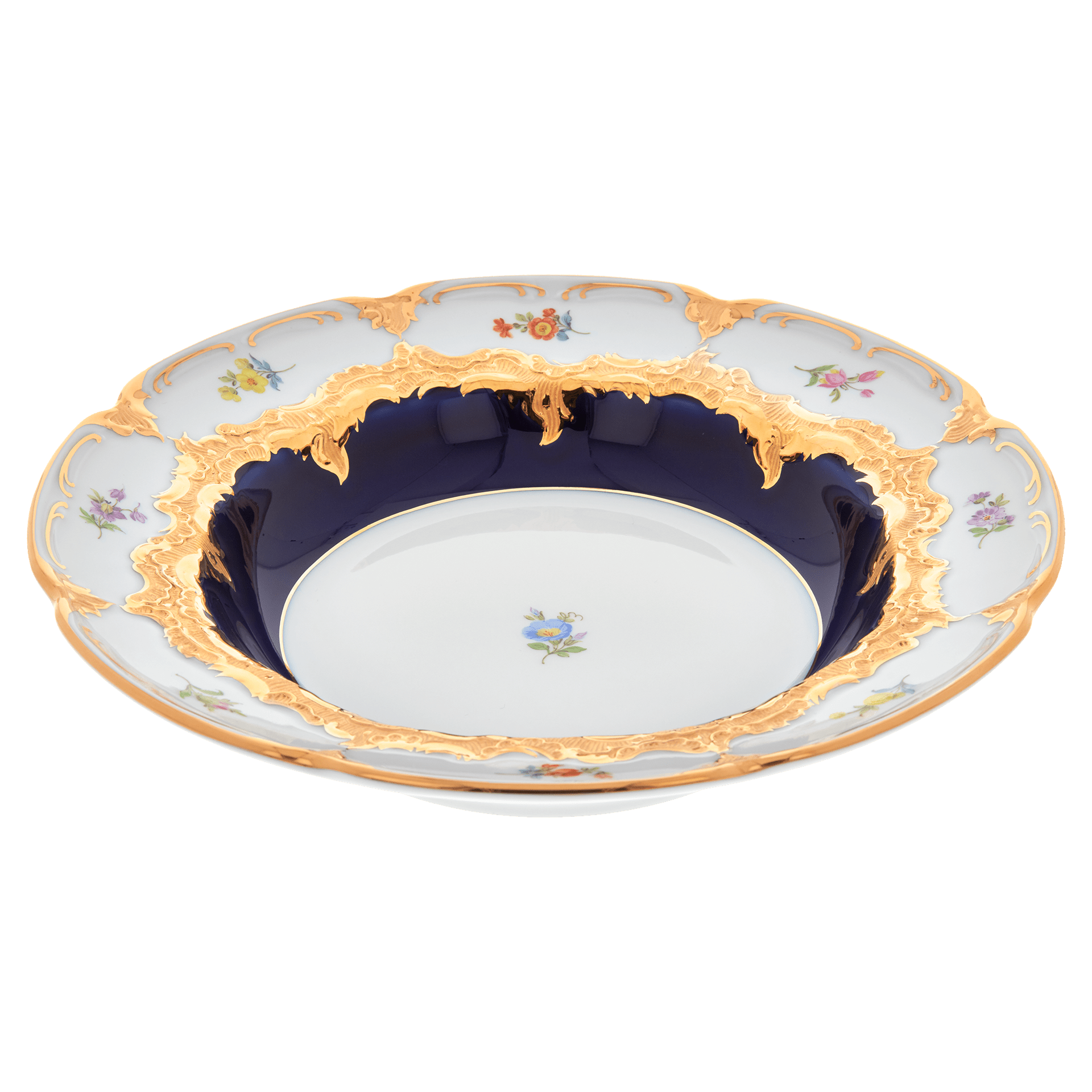 Suppenteller, gestreute Blümchen, königsblau glasiert, Goldbronze, ø 24 cm | Meissen B - Form 011079 - 15489 - Meissen Weimar