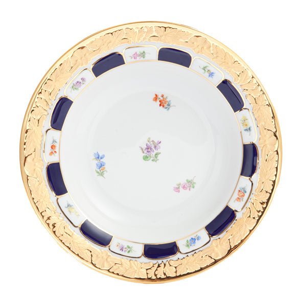 Suppenteller, gestreute Blümchen, königsblau glasiert, Goldbronze, Ø 25 cm | Meissen X - Form 011079 - 17489 - Meissen Weimar