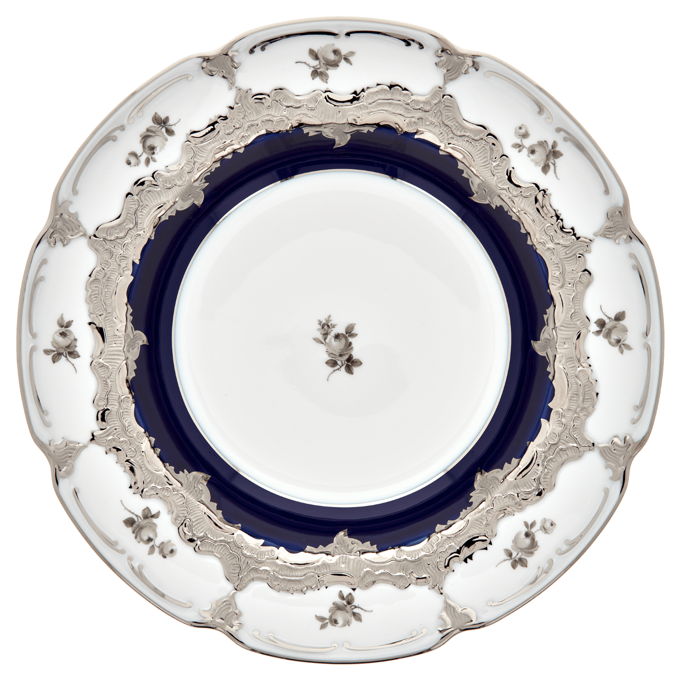 Suppenteller, Gestreute Röschen, weiß - grau, königsblau, Glanzplatin, ø 24 cm | Meissen B - Form 018677 - 15489 - Meissen Weimar