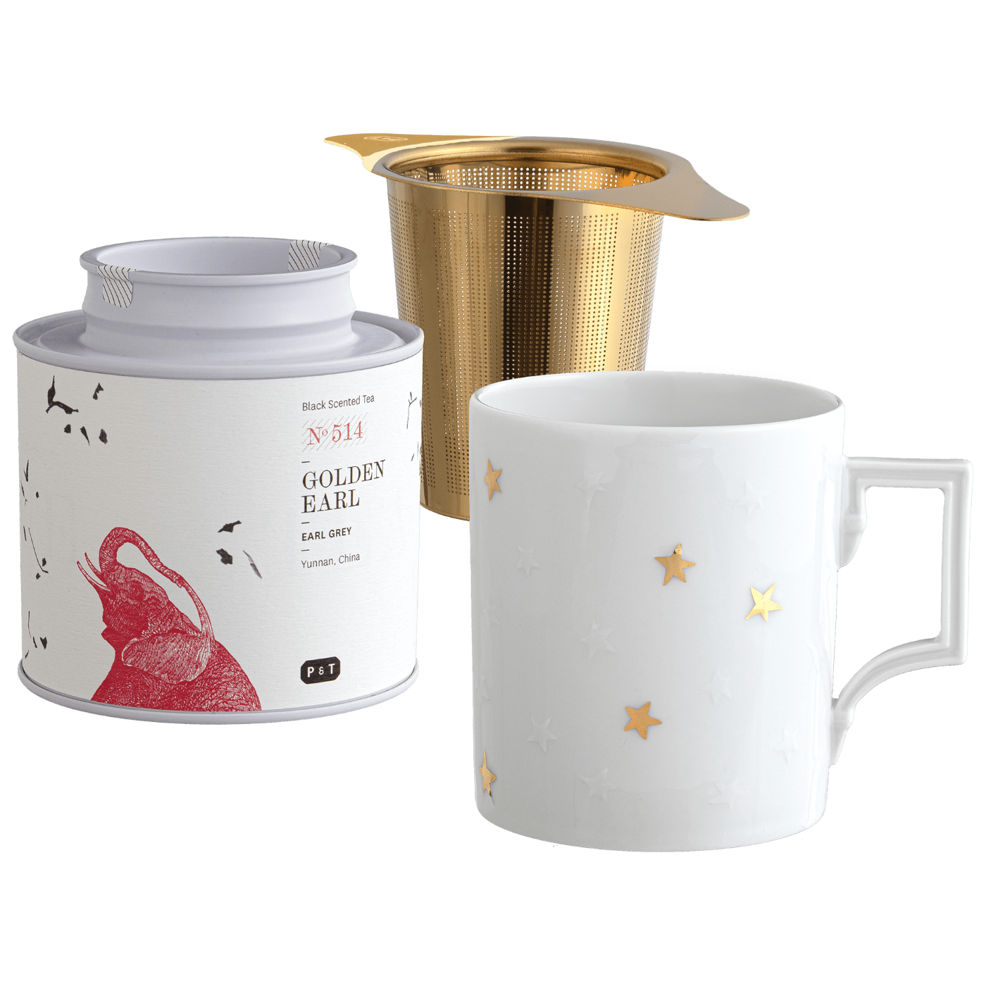 Tee - Set, 3 - tlg., Paper & Tea Golden Earl, Teesieb, Henkelbecher Goldene Sterne | Meissen Geschenk - Set 99A318 - 55M78 - Meissen Weimar