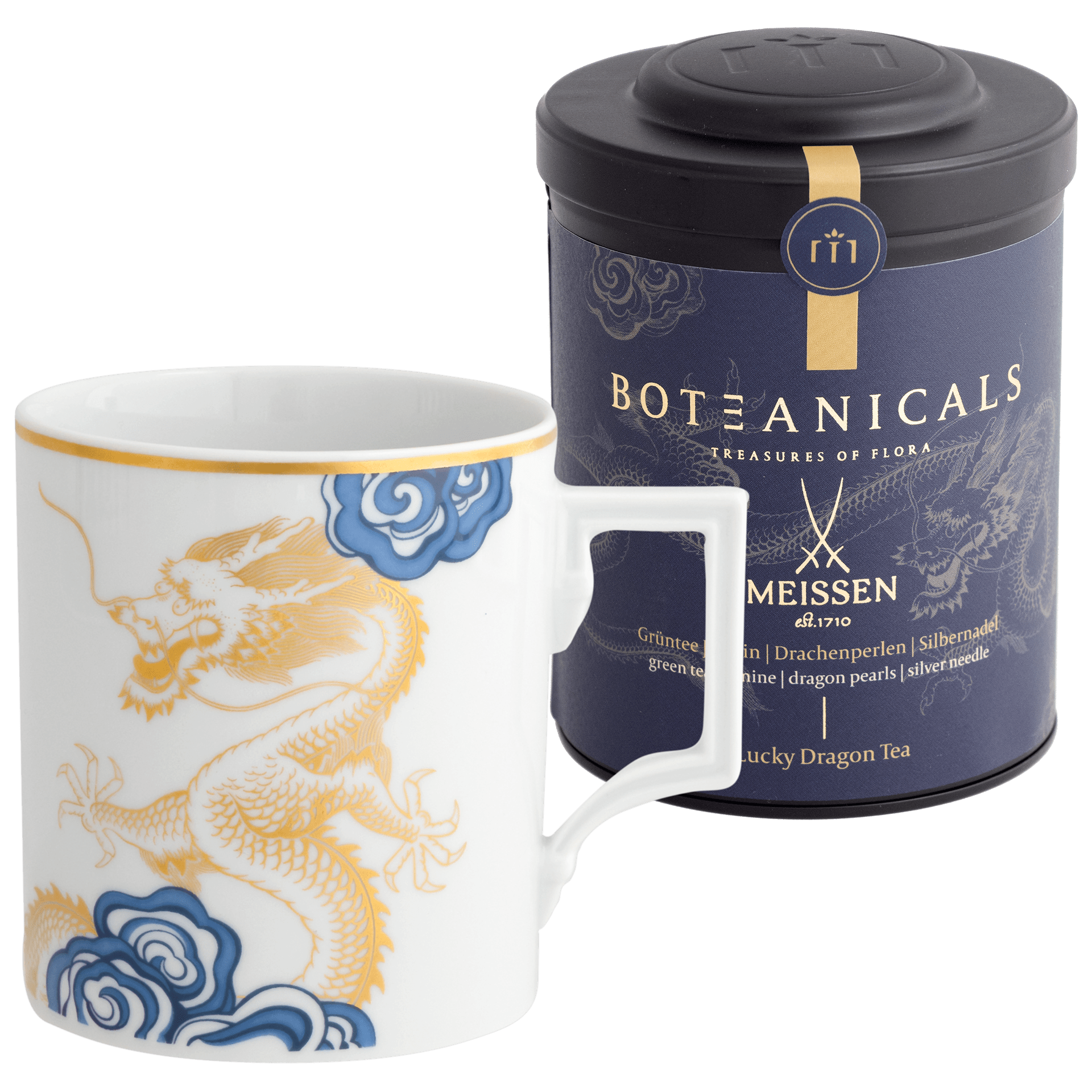 Tee - Set Glücksdrachen, 2 - tlg., BOTEANICALS Glücksdrachen - Tee 100g, 1 Henkelbecher, Mug Glücksdrachen | Meissen - Set Kollektion Genußwelten 79A943 - 55M93 - Meissen Weimar
