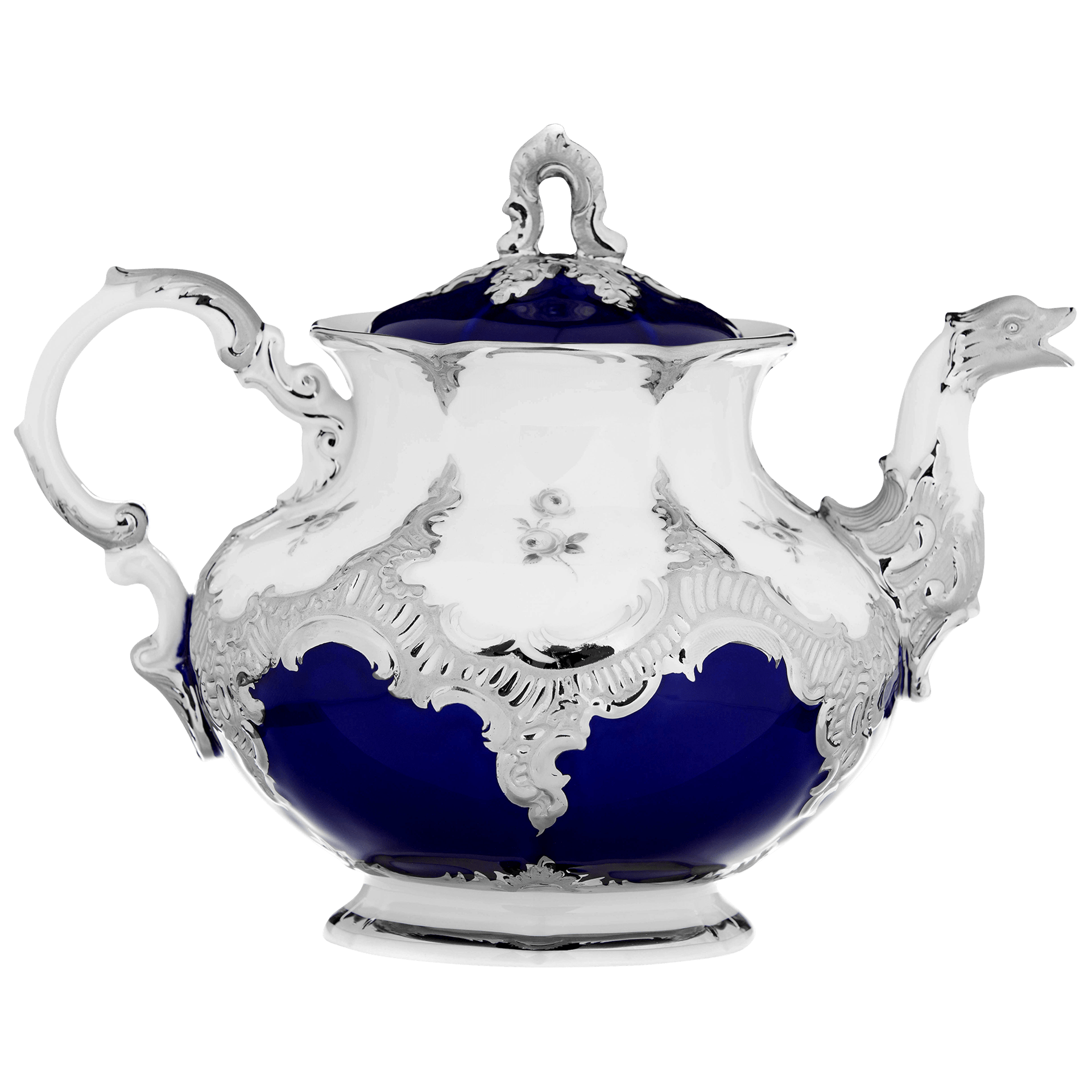 Teekanne, Gestreute Röschen, weiß - grau, königsblau, Glanzplatin, V 1,20 l | Meissen B - Form 018677 - 15727 - Meissen Weimar