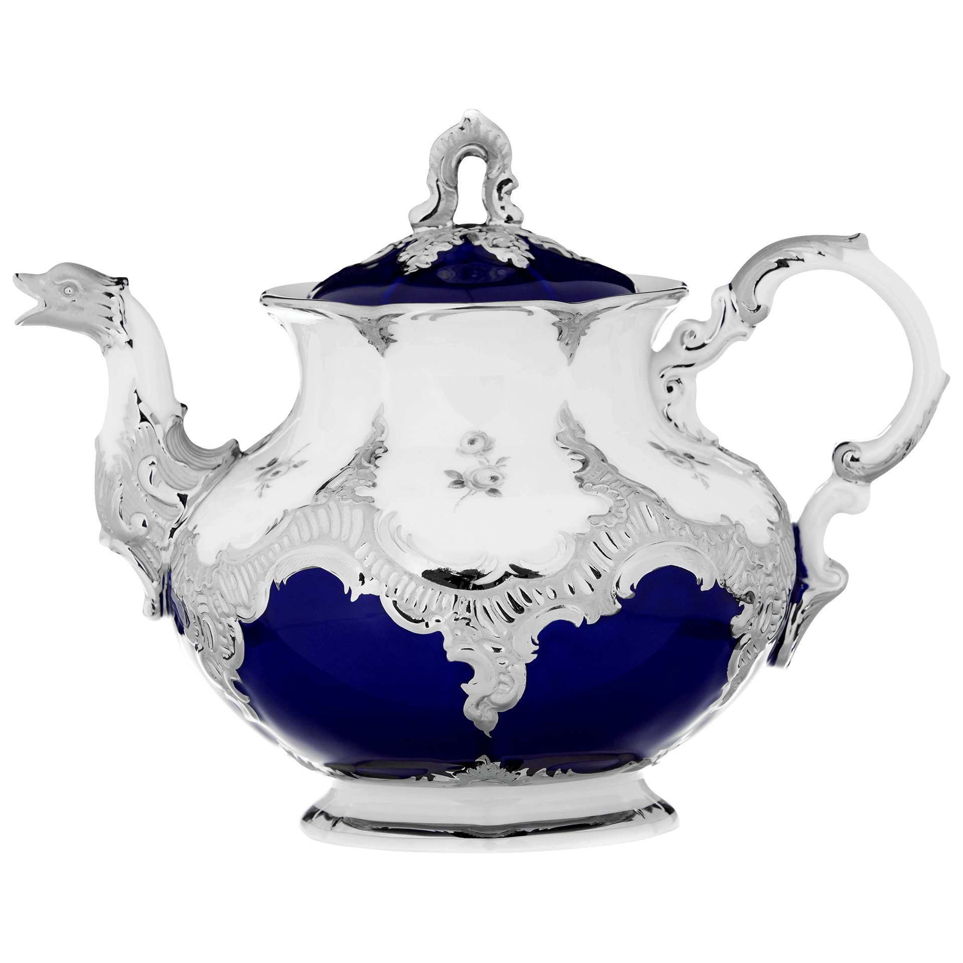 Teekanne, Gestreute Röschen, weiß - grau, königsblau, Glanzplatin, V 1,20 l | Meissen B - Form 018677 - 15727 - Meissen Weimar