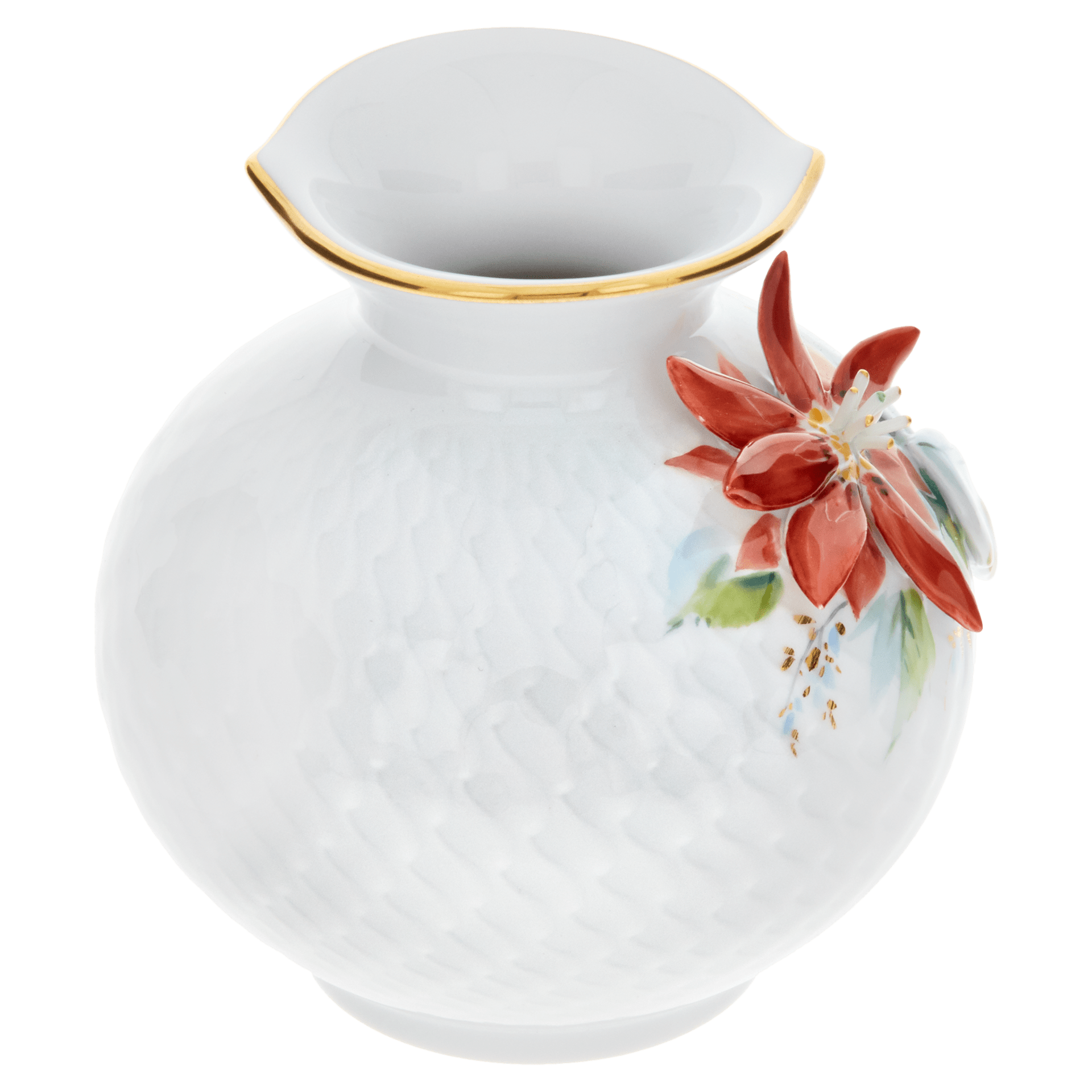 Vase mit Belag, Weihnachtsstern, bunt und gold staffiert, H 9 cm | Accessoires Meissen Wellenspiel Relief 719391 - 50905 - Meissen Weimar