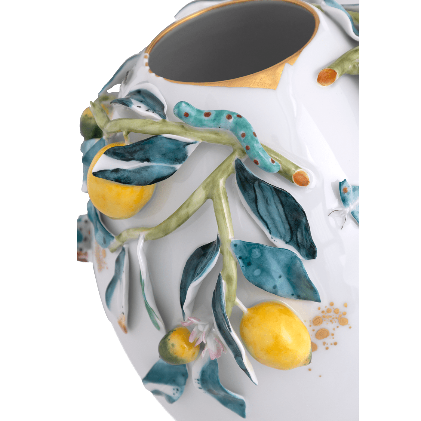 Vase mit plastischen Zitronenzweigen, Echse und Schmetterlingen, H 25 cm | Meissen Unikate 63c061 - u6442 - Meissen Weimar