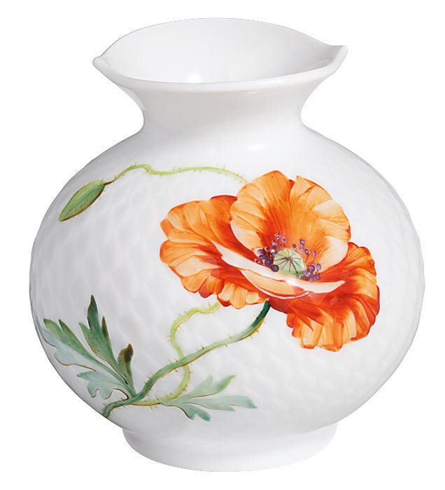 Vase mit Relief, Blumenmalerei "Wilder Mohn", rot, weißer Rand, H 9 cm | Accessoires Meissen Wellenspiel Relief 615201 - 50143 - Meissen Weimar