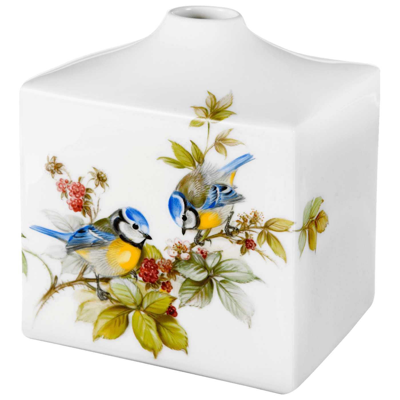 Vase, Vogelmalerei, 3 Blaumeisen auf Himbeerzweig, H 13 cm | Meissen Vasen Kollektion 26C035 - 50192 - Meissen Weimar