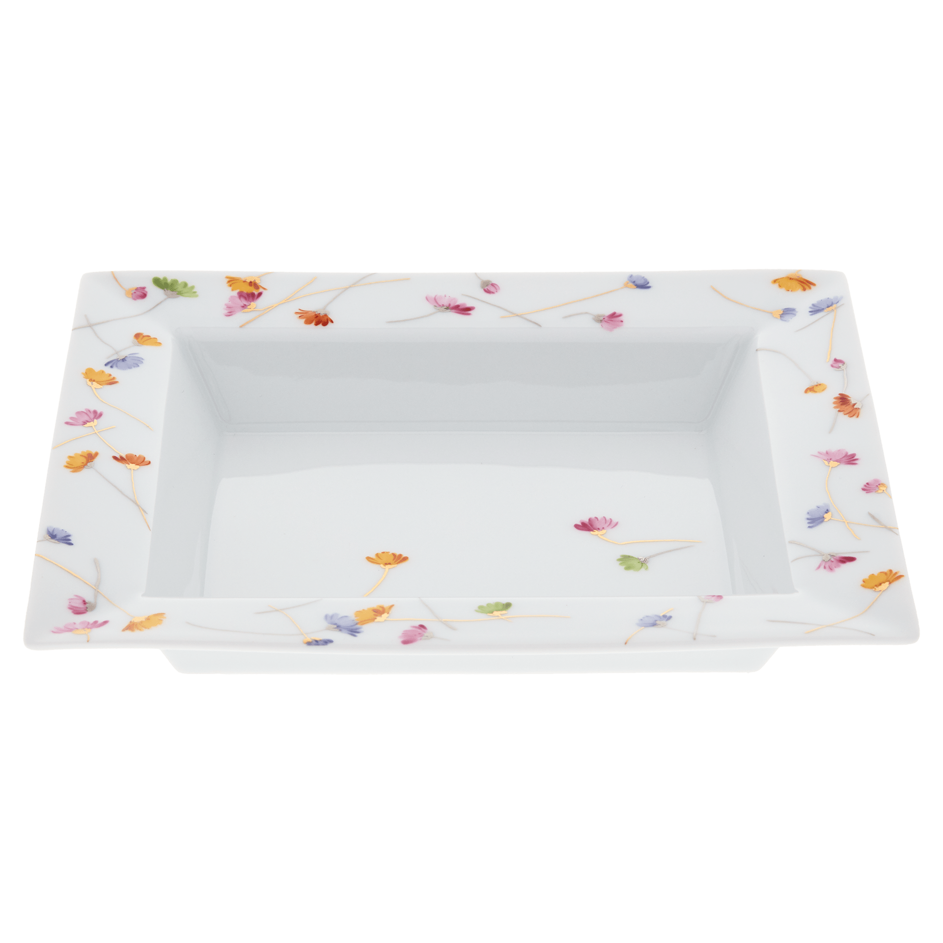 Vide Poche mittel, 'Precious Flowers', 16 x 13,5 cm, Buntes Blütenbukett mit Gold - und Silbermalerei | Meissen Vide Poche 018501 - 53269 - Meissen Weimar
