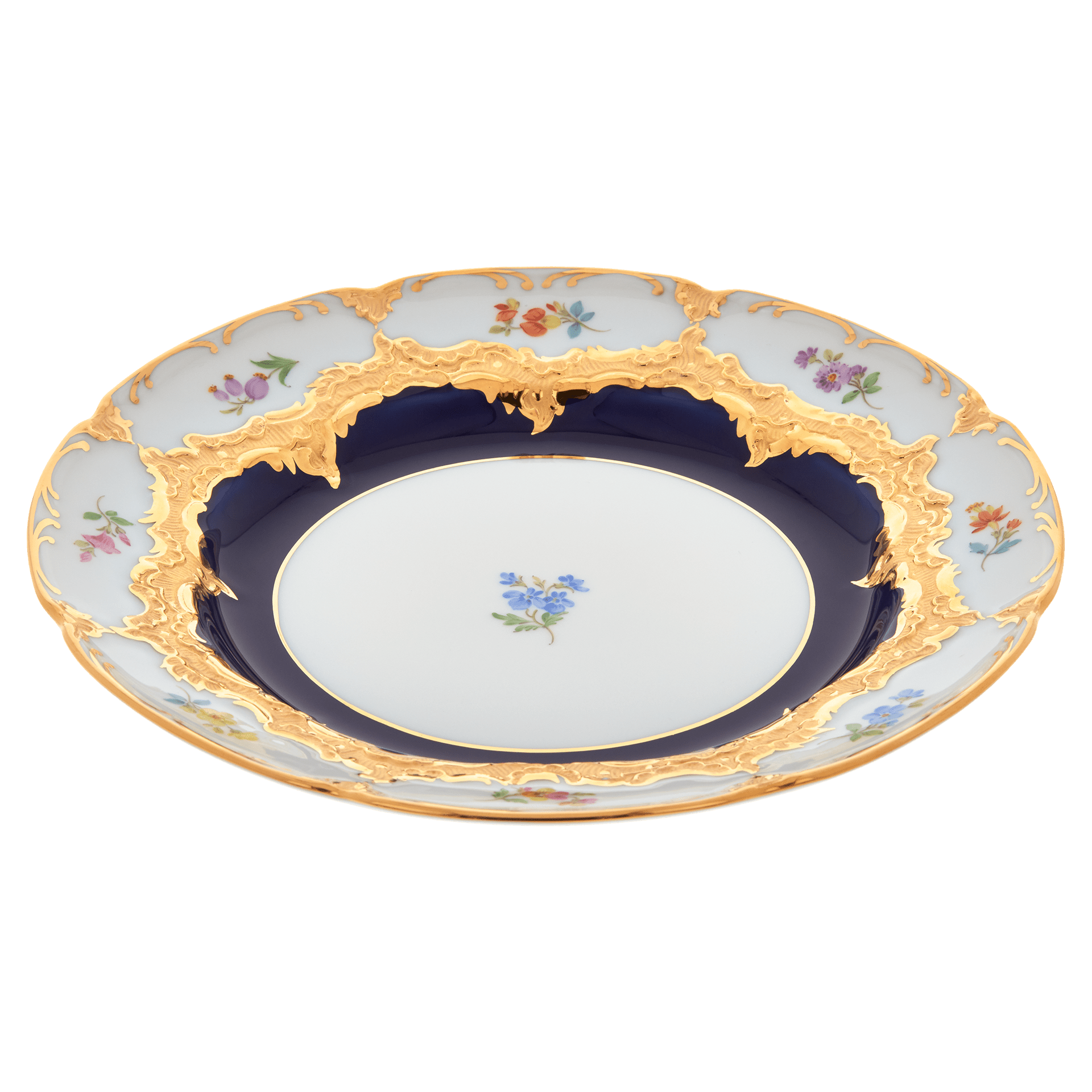 Vorspeise - und Dessertteller, gestreute Blümchen, königsblau glasiert, Goldbronze, Ø 20 cm | Meissen B - Form 011079 - 15501 - Meissen Weimar
