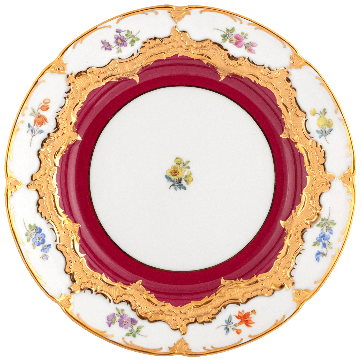 Vorspeise - und Dessertteller, Gestreute Blümchen, purpur glasiert, Goldbronze, Ø 20 cm | Meissen B - Form 012079 - 15501 - Meissen Weimar
